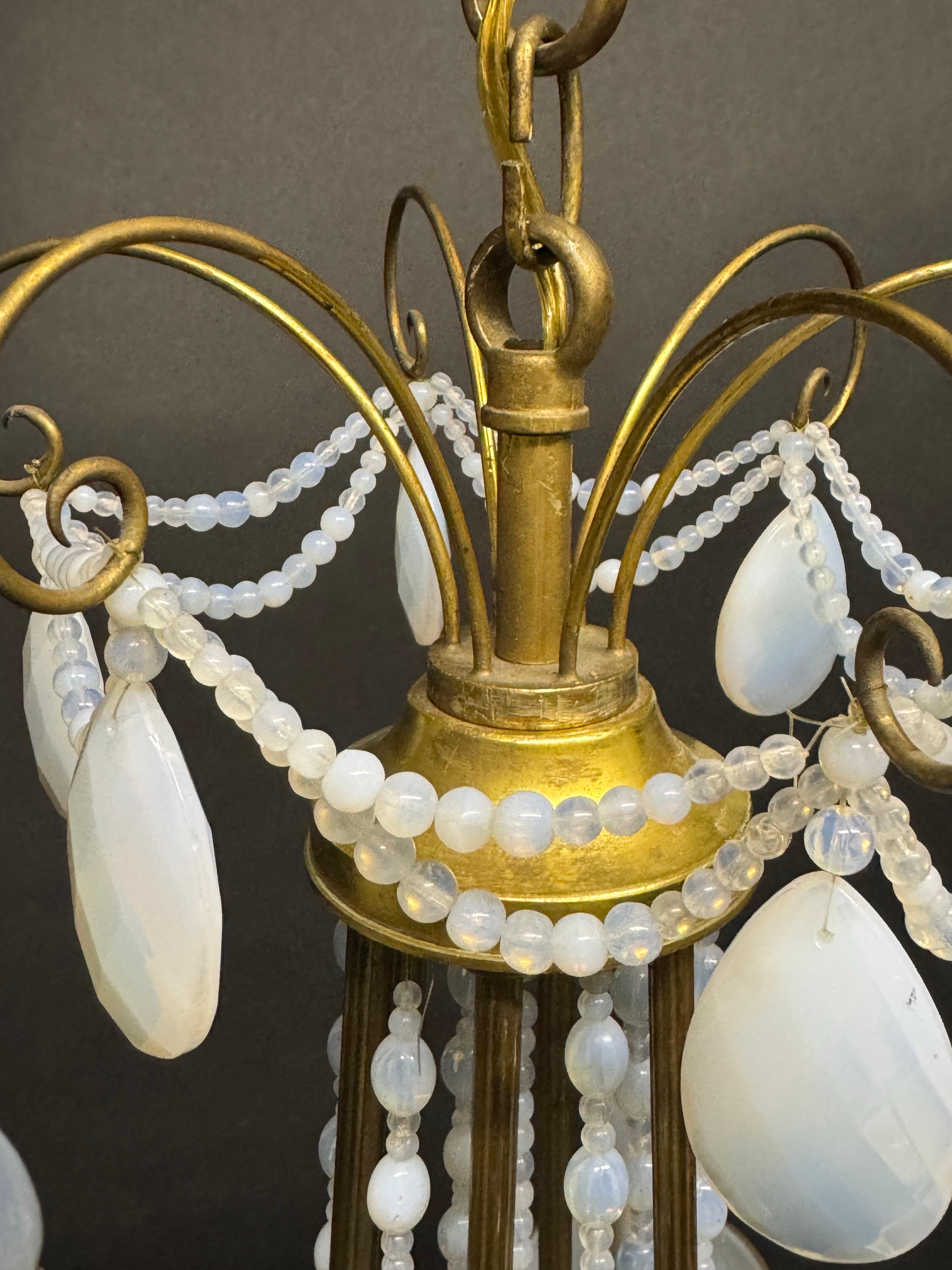French Blue Opaline Glass and Bronze Chandelier, circa 1920s For Sale 5