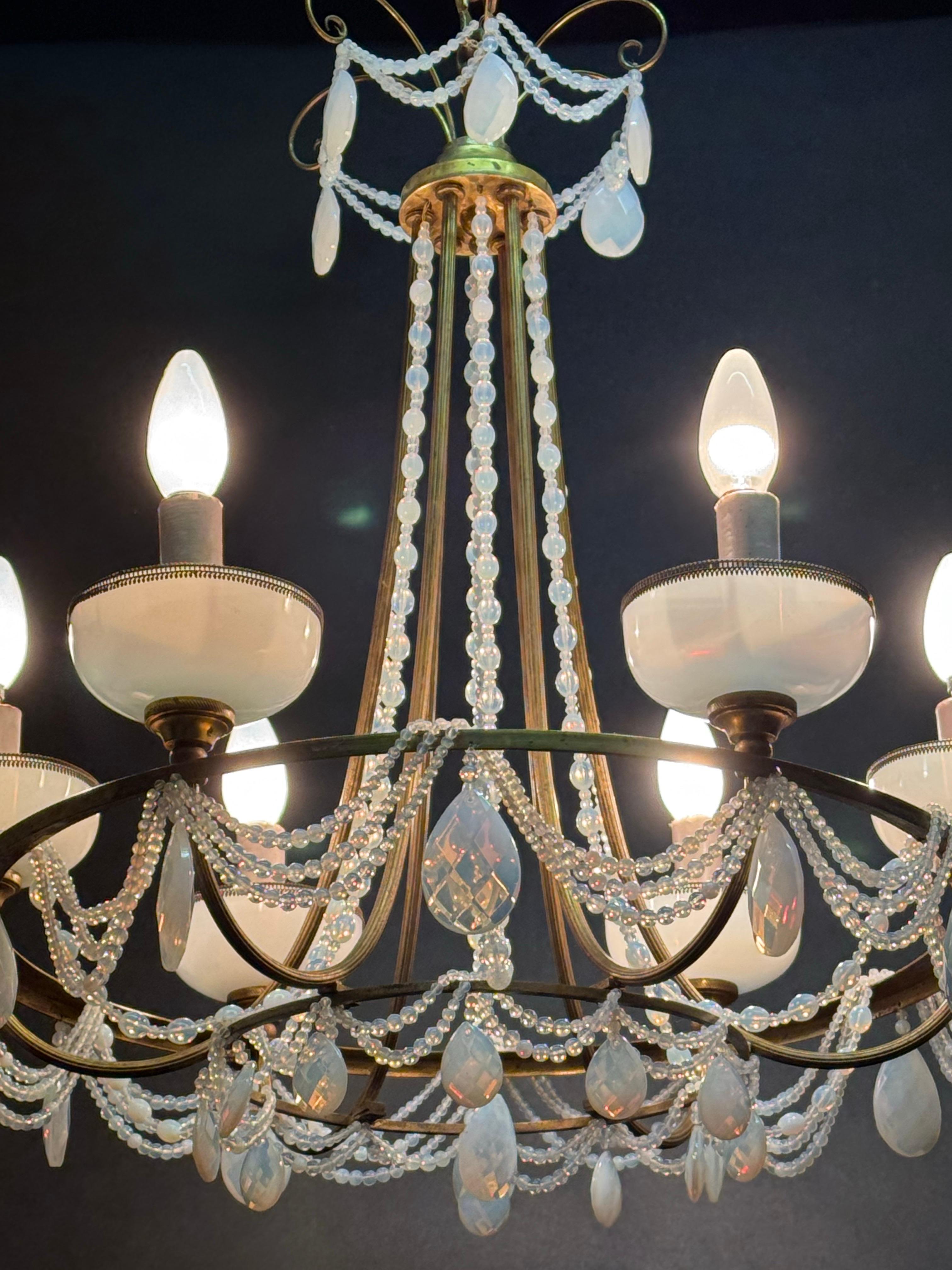 French Blue Opaline Glass and Bronze Chandelier, circa 1920s For Sale 7