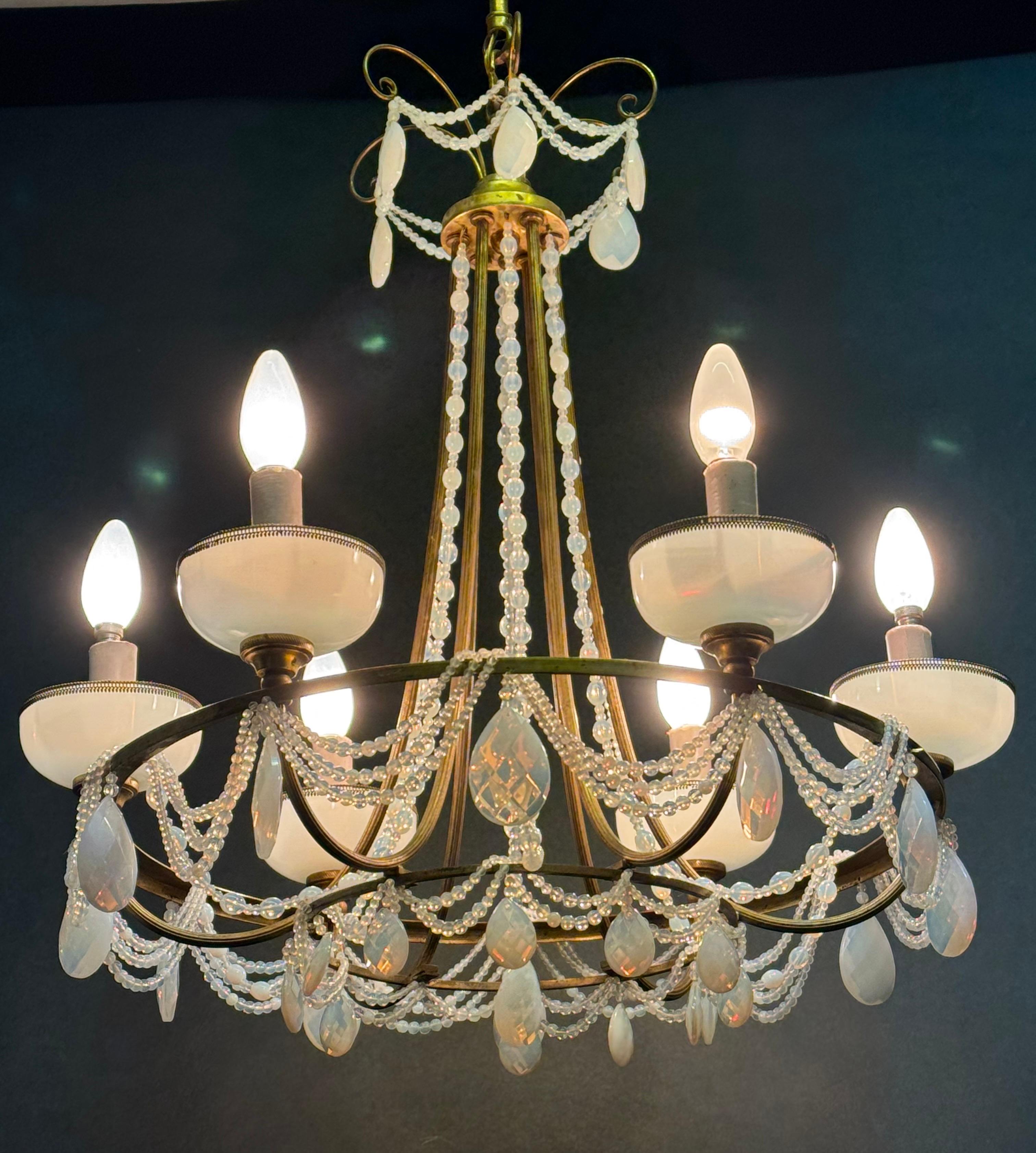 French Blue Opaline Glass and Bronze Chandelier, circa 1920s For Sale 8