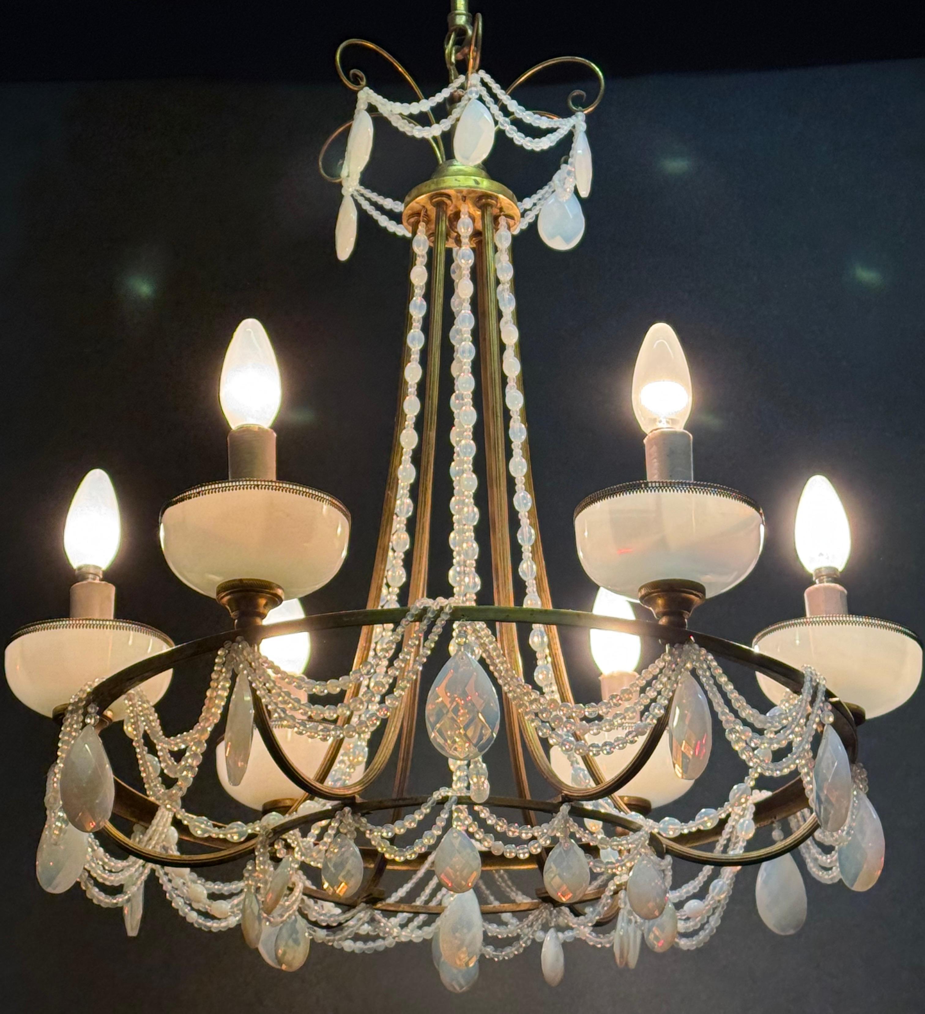 French Blue Opaline Glass and Bronze Chandelier, circa 1920s For Sale 9
