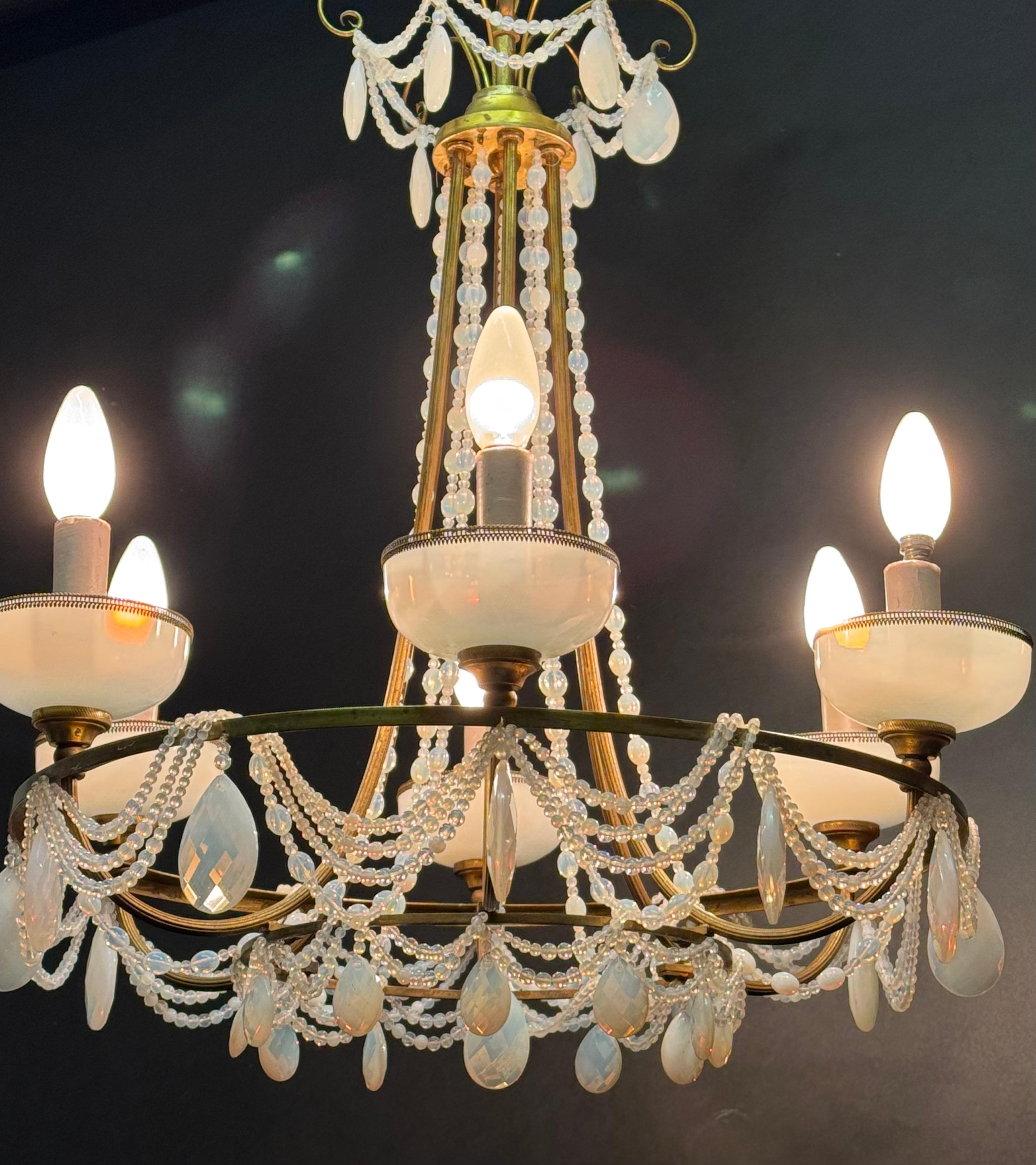 French Blue Opaline Glass and Bronze Chandelier, circa 1920s For Sale 10