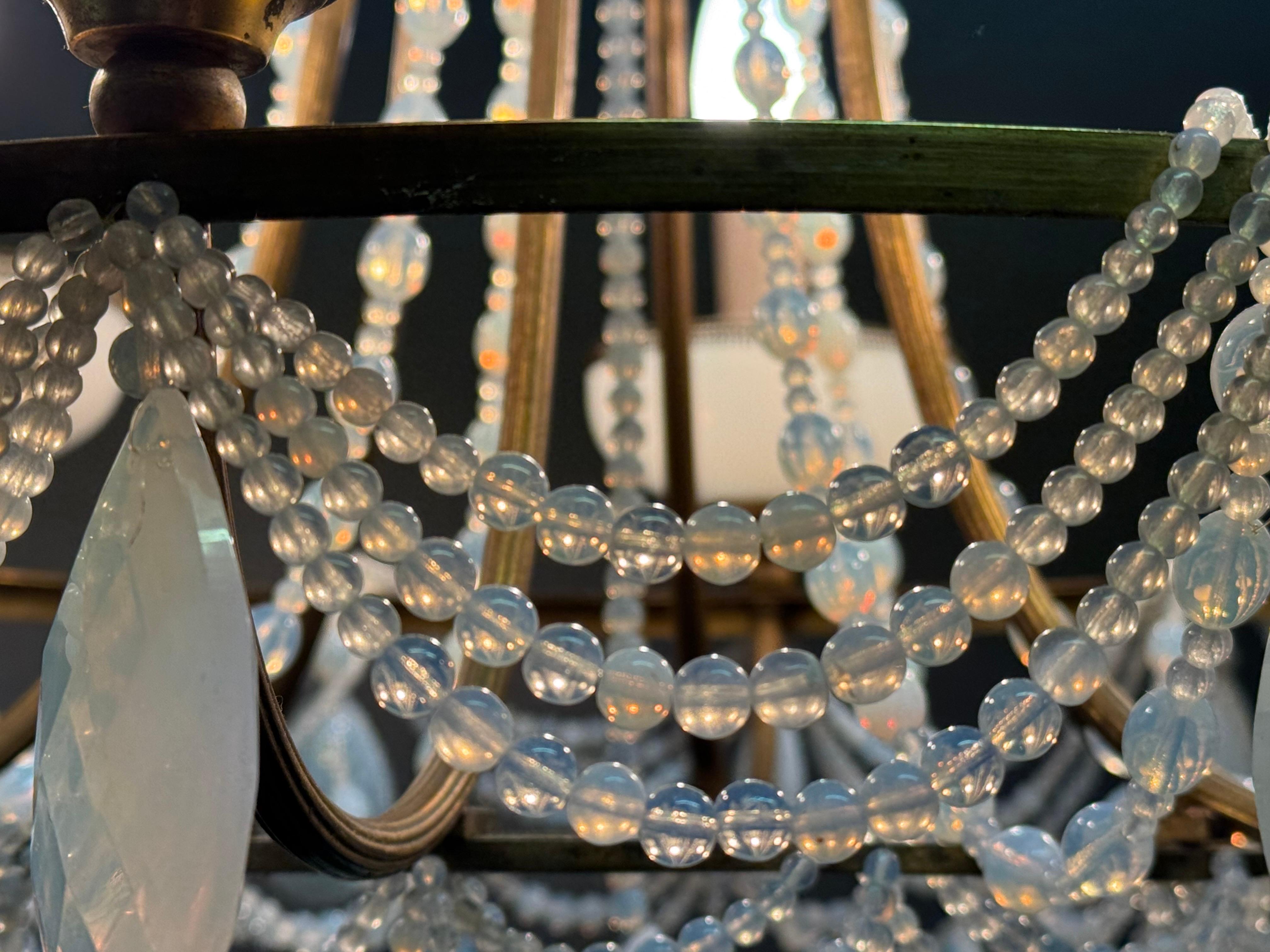 French Blue Opaline Glass and Bronze Chandelier, circa 1920s For Sale 11