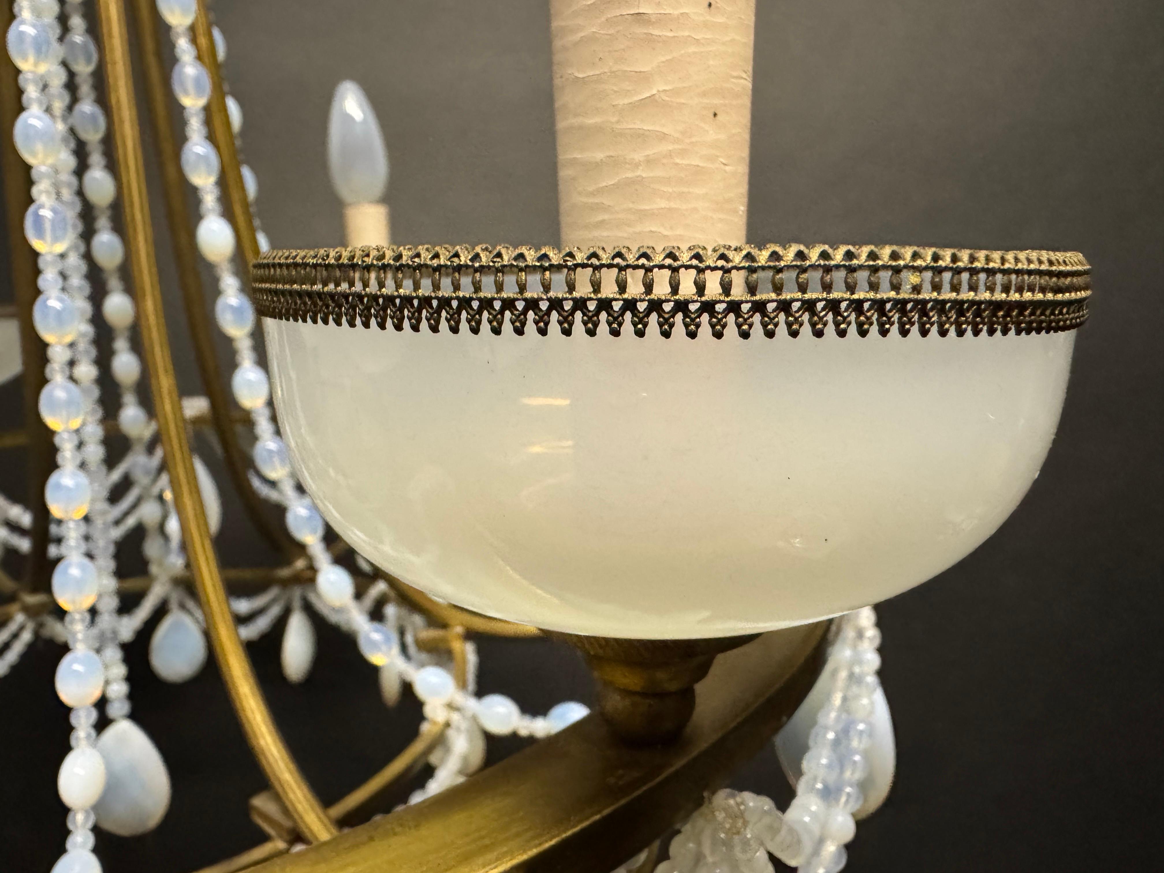 French Blue Opaline Glass and Bronze Chandelier, circa 1920s For Sale 12