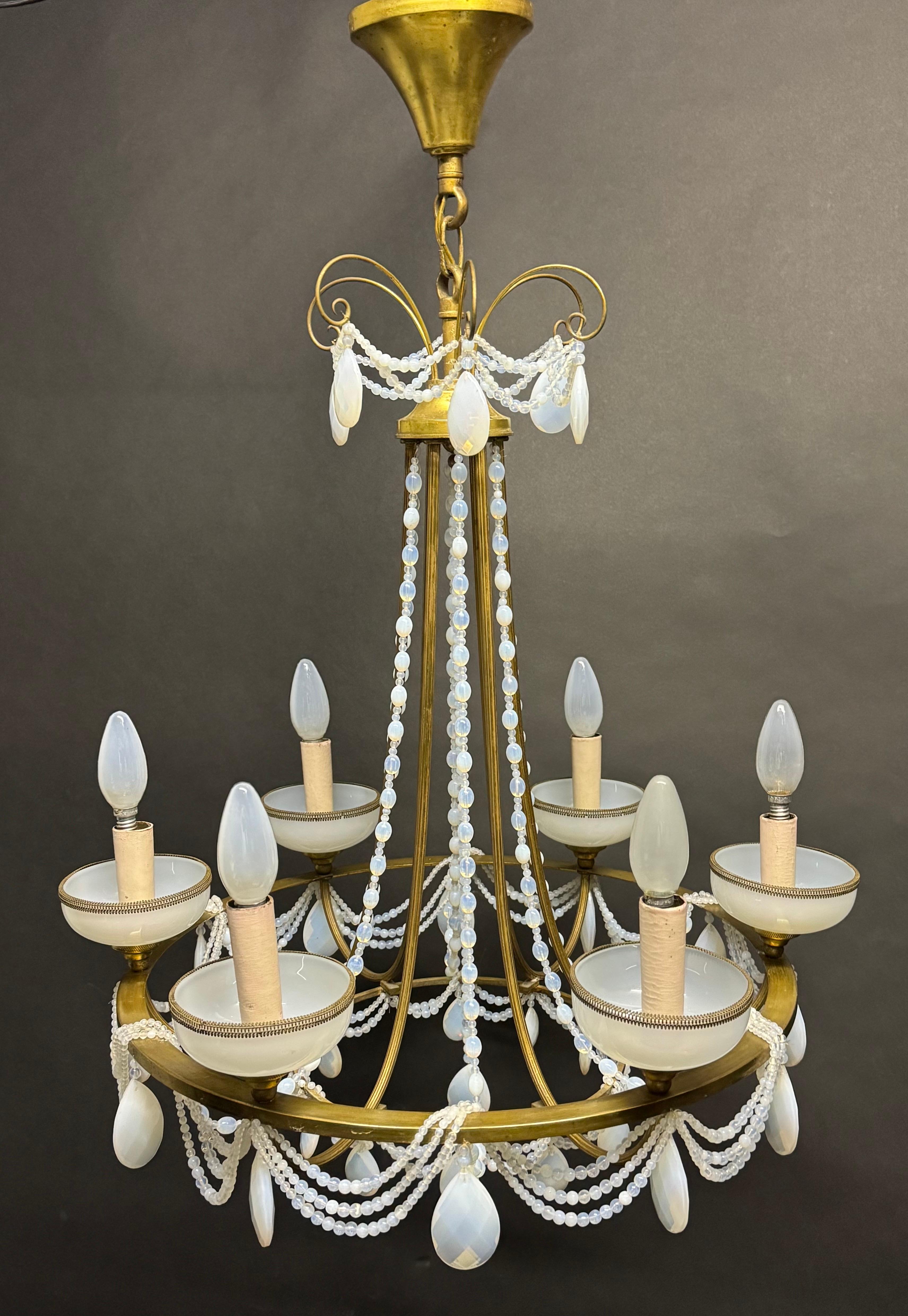 French Blue Opaline Glass and Bronze Chandelier, circa 1920s For Sale 13