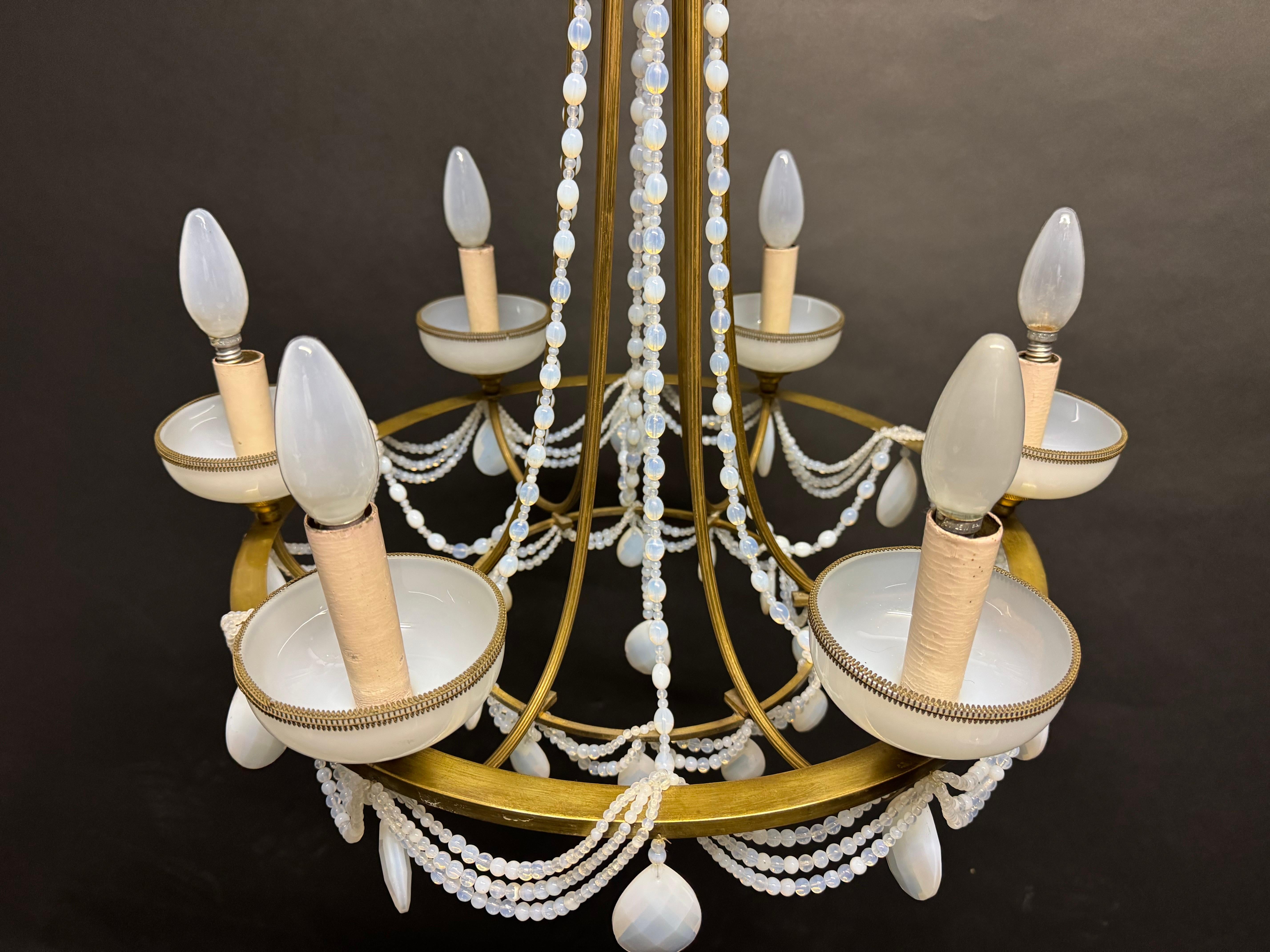 French Blue Opaline Glass and Bronze Chandelier, circa 1920s For Sale 14