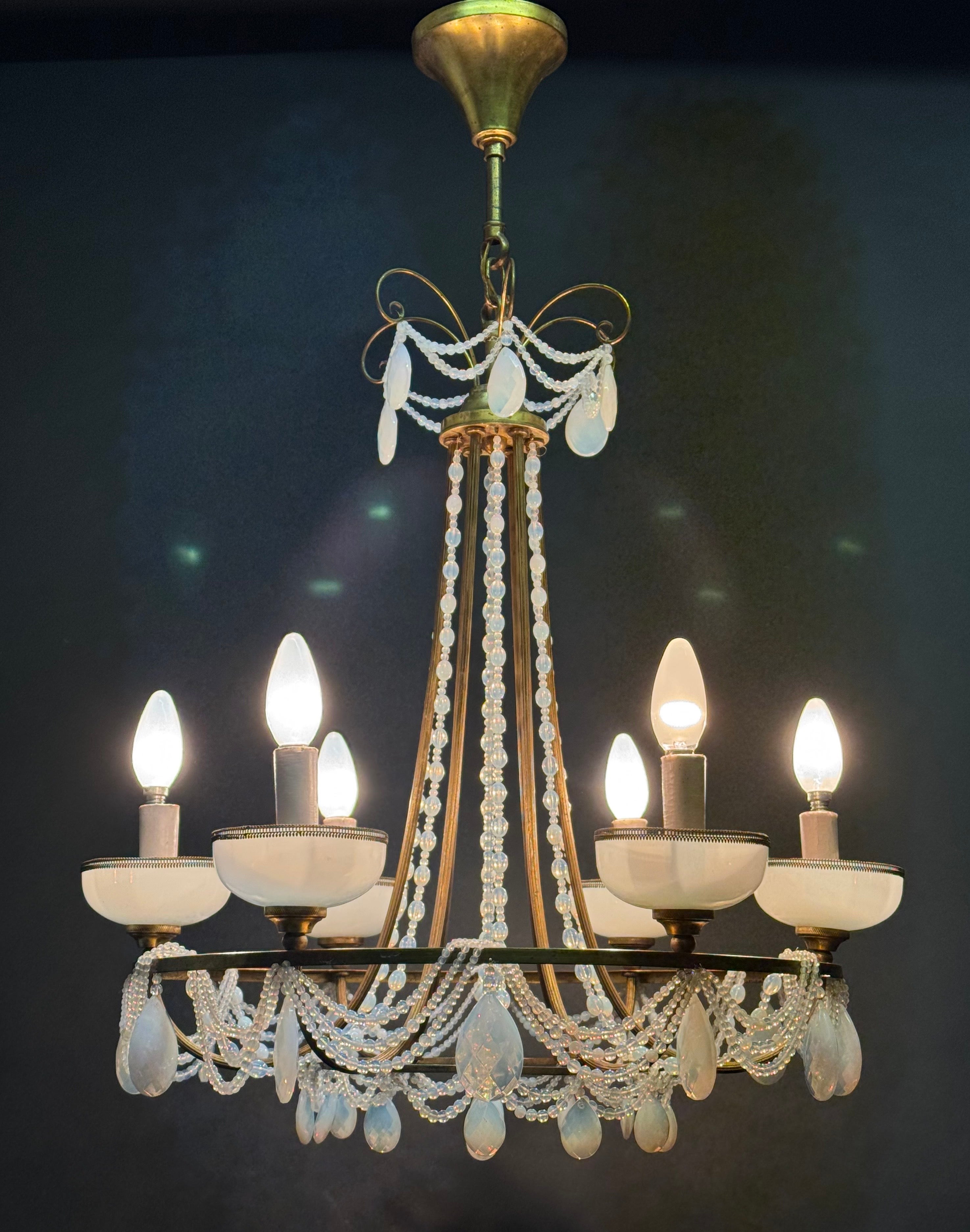 Art Nouveau French Blue Opaline Glass and Bronze Chandelier, circa 1920s For Sale