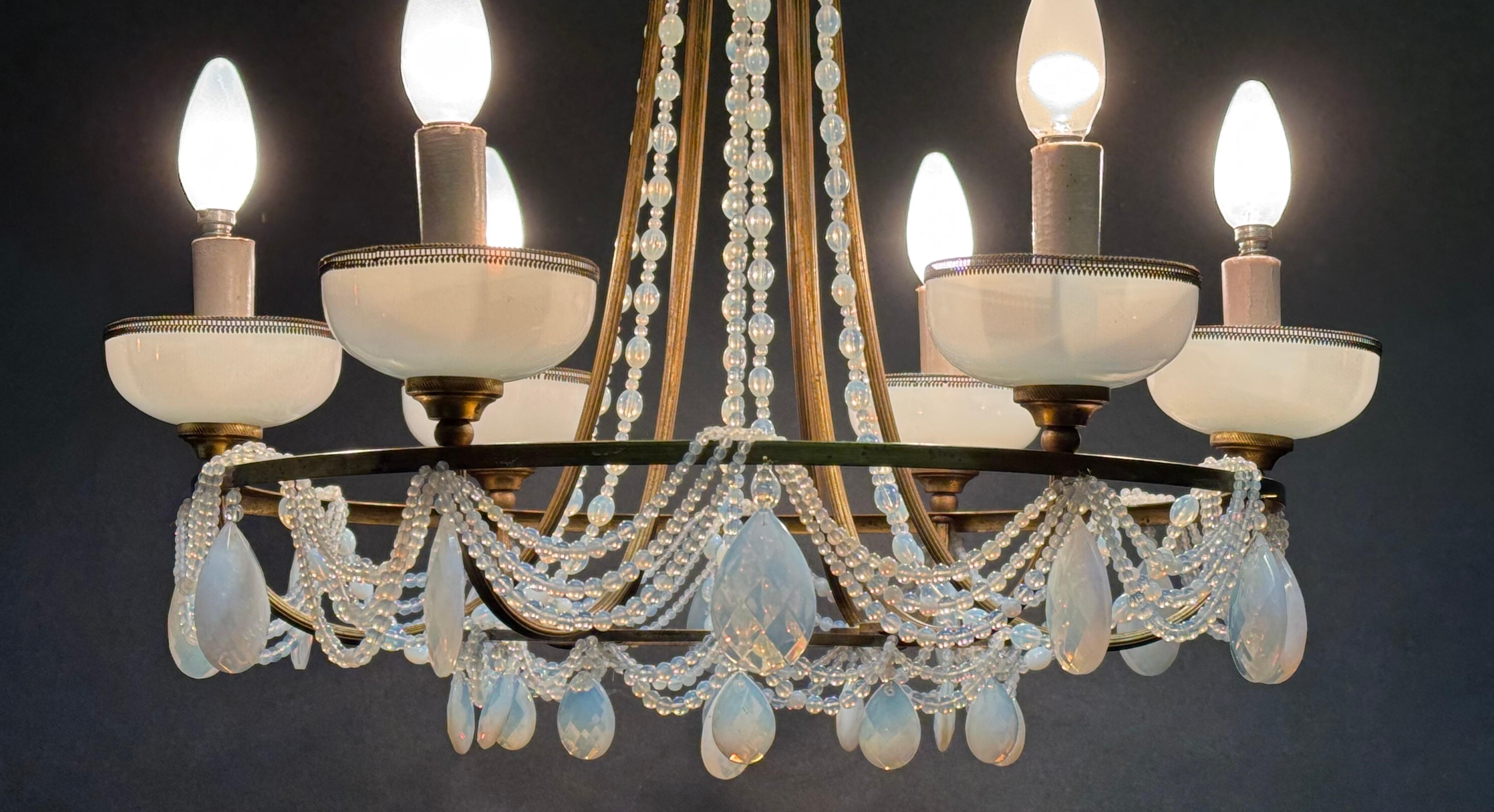 French Blue Opaline Glass and Bronze Chandelier, circa 1920s In Good Condition For Sale In Wiesbaden, Hessen