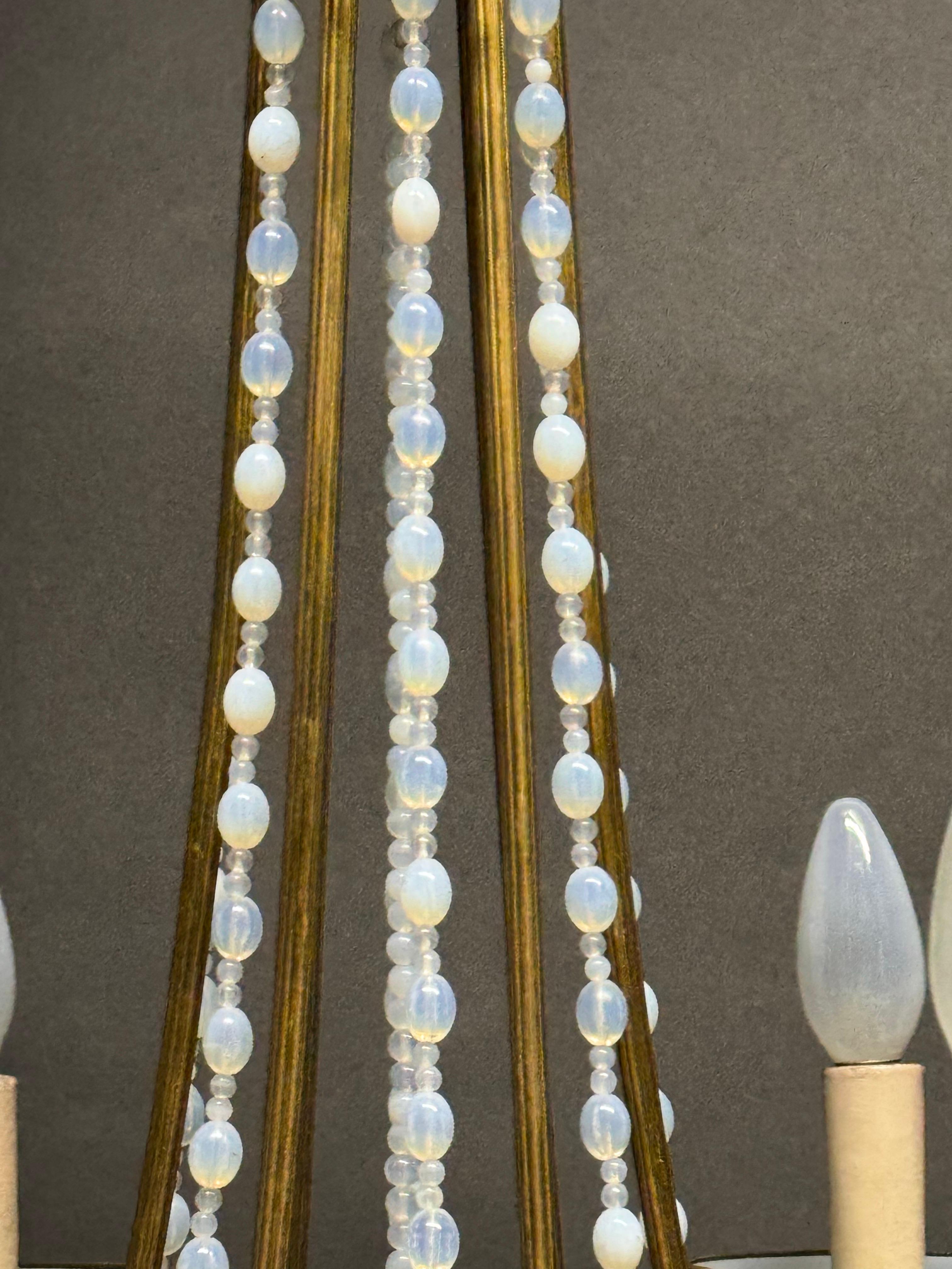 French Blue Opaline Glass and Bronze Chandelier, circa 1920s For Sale 1