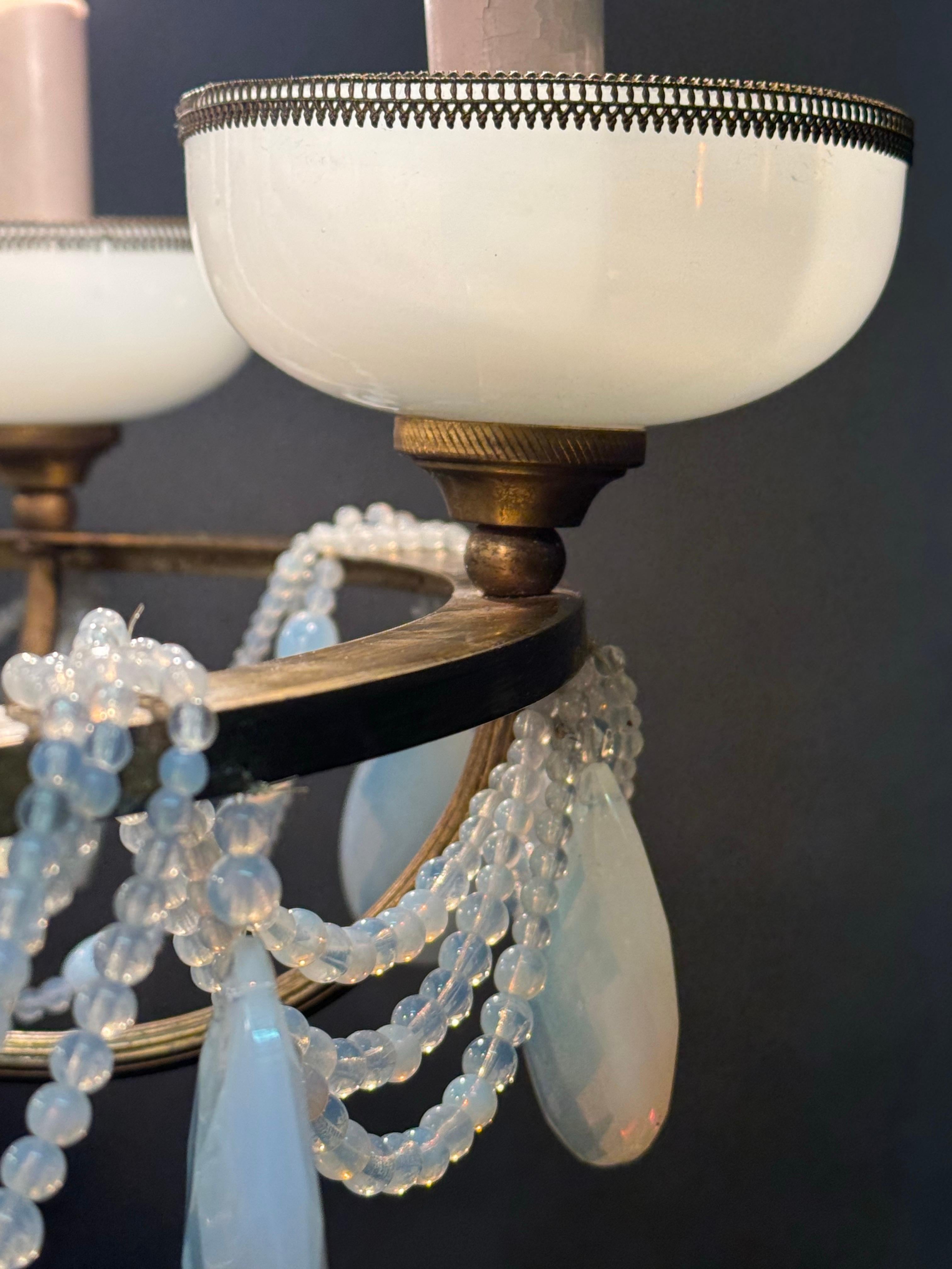 French Blue Opaline Glass and Bronze Chandelier, circa 1920s For Sale 2