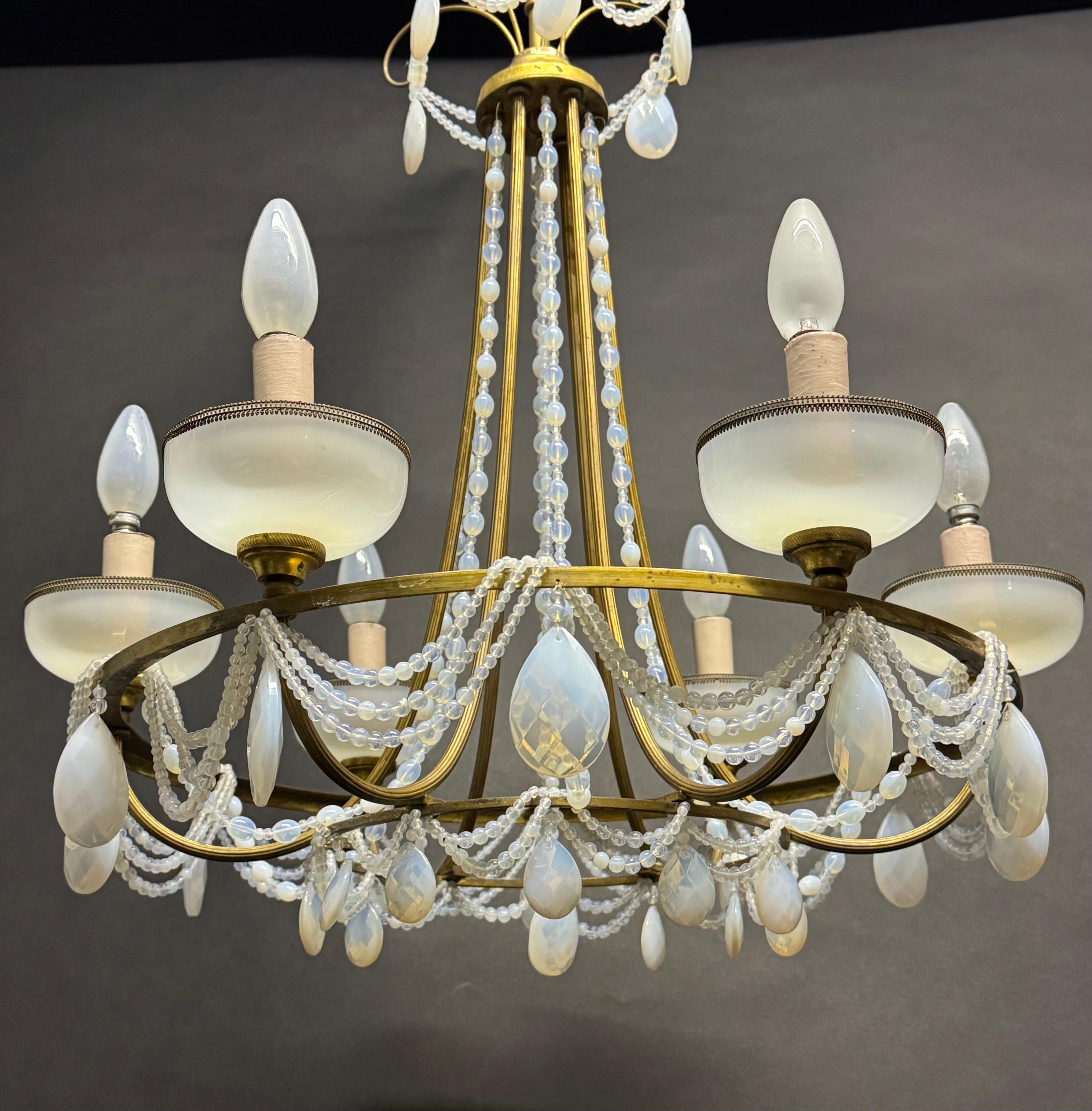 French Blue Opaline Glass and Bronze Chandelier, circa 1920s For Sale 3