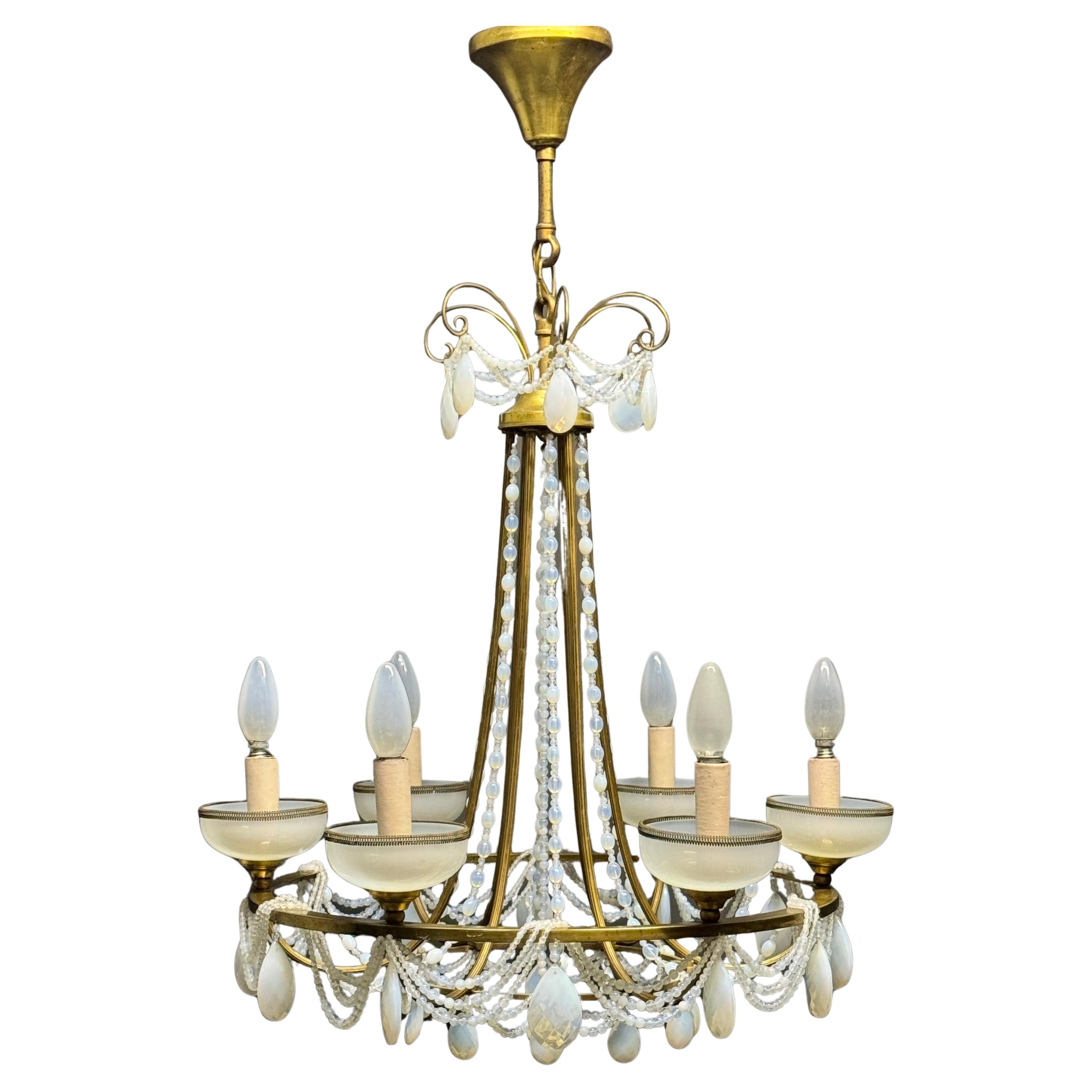 French Blue Opaline Glass and Bronze Chandelier, circa 1920s