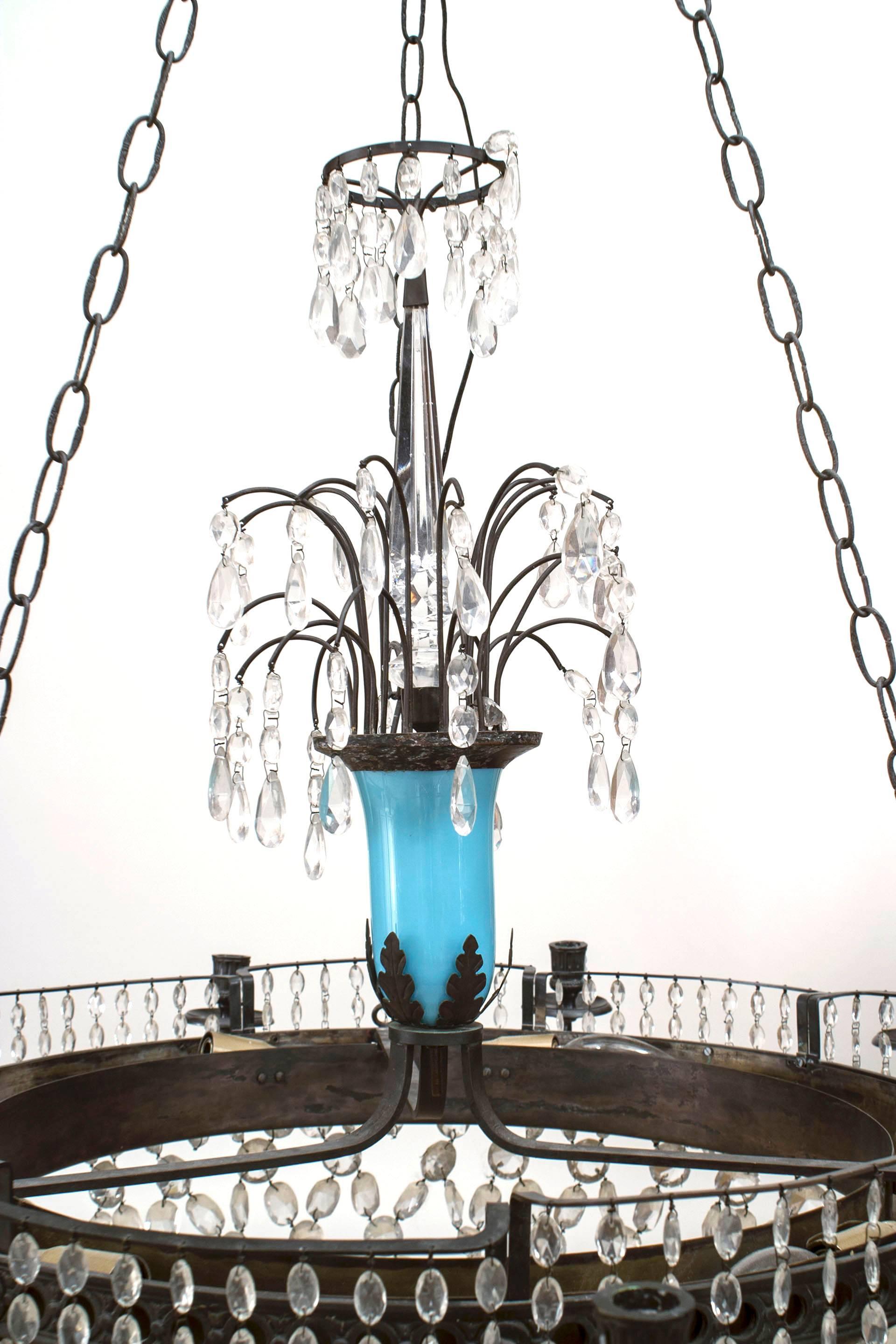 French Blue Opaline Glass and Crystal Chandelier In Good Condition In New York, NY