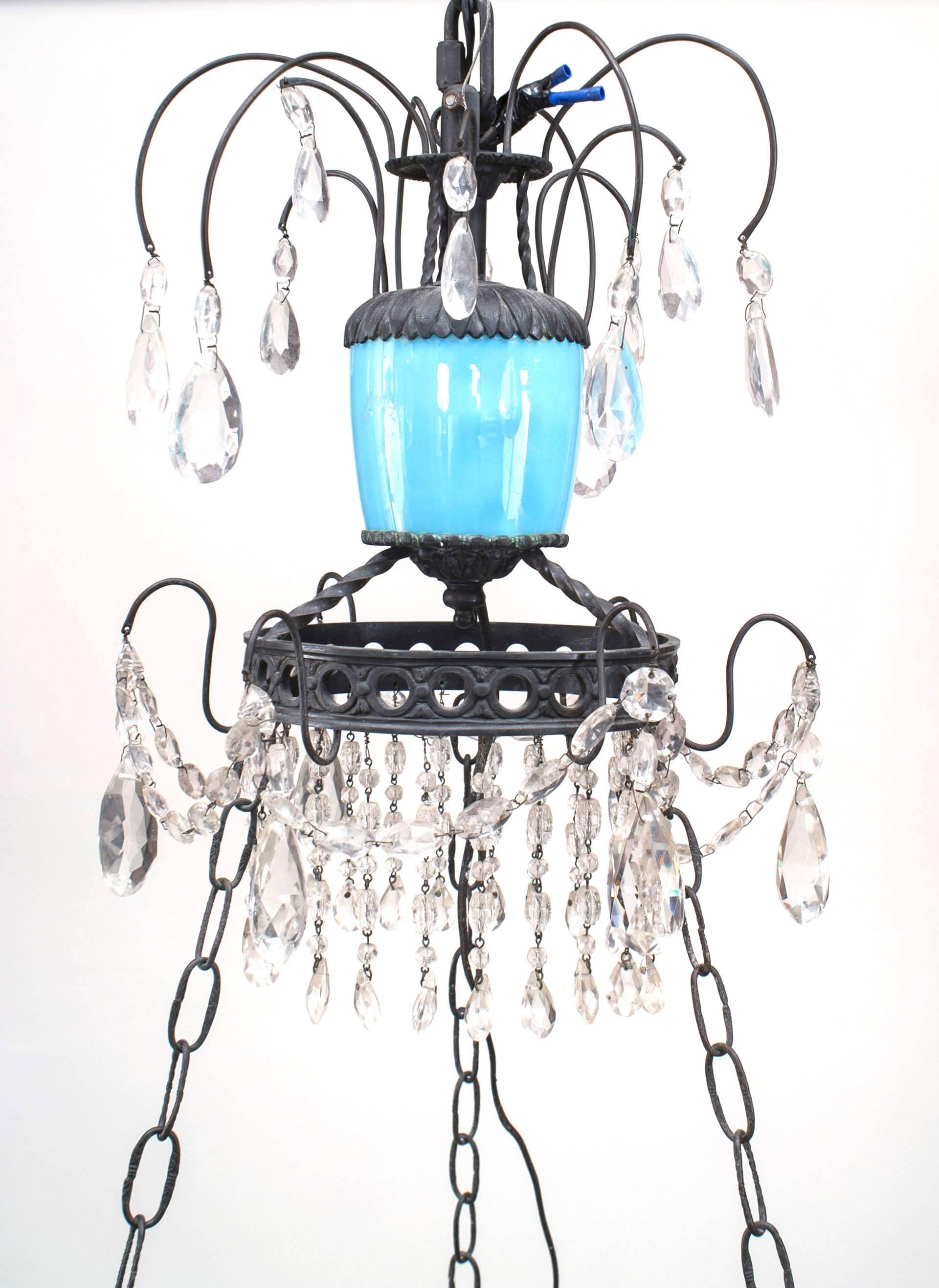 19th Century French Blue Opaline Glass and Crystal Chandelier
