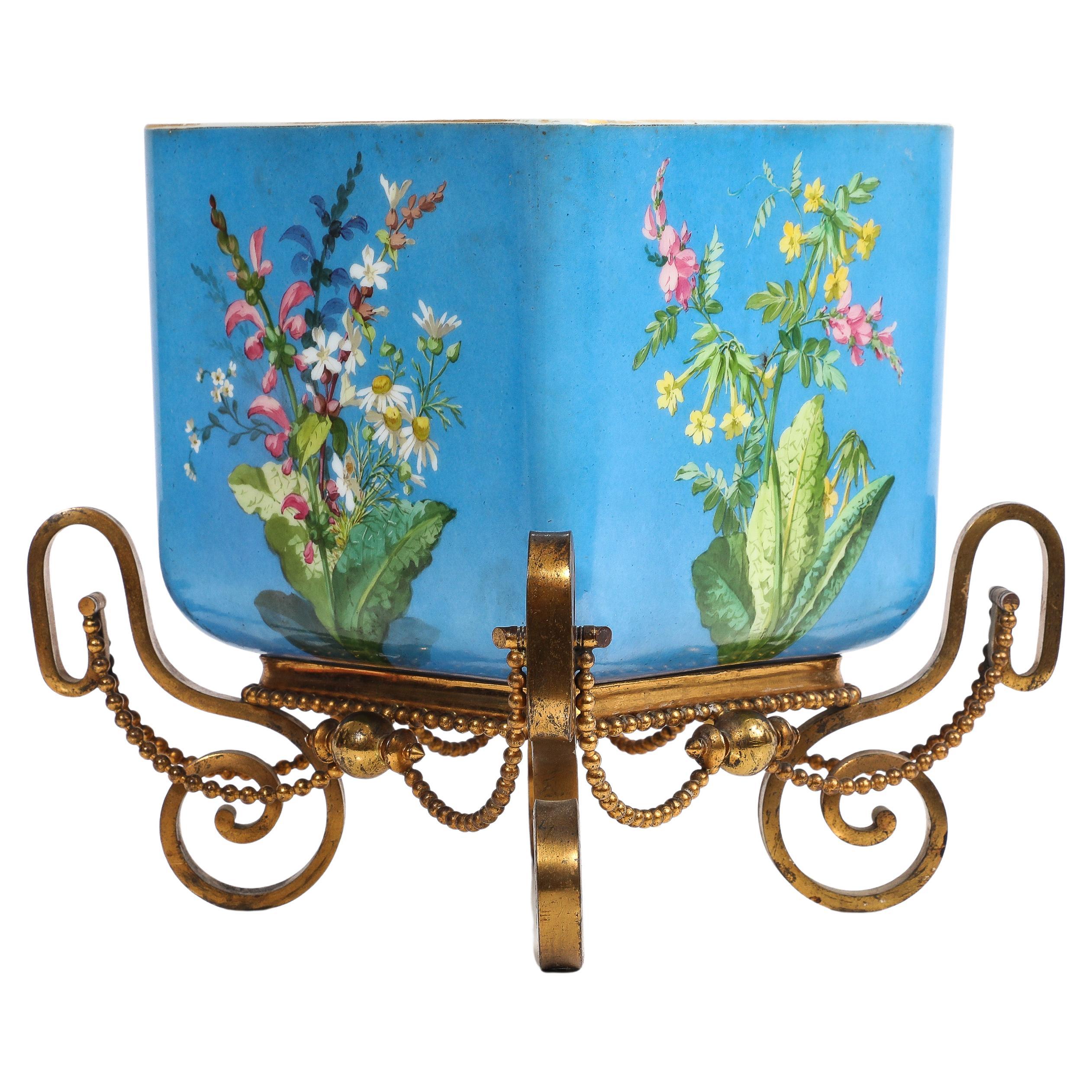French Blue Opaline Glass and Ormolu Mounted Square Jardinière, Baccarat For Sale