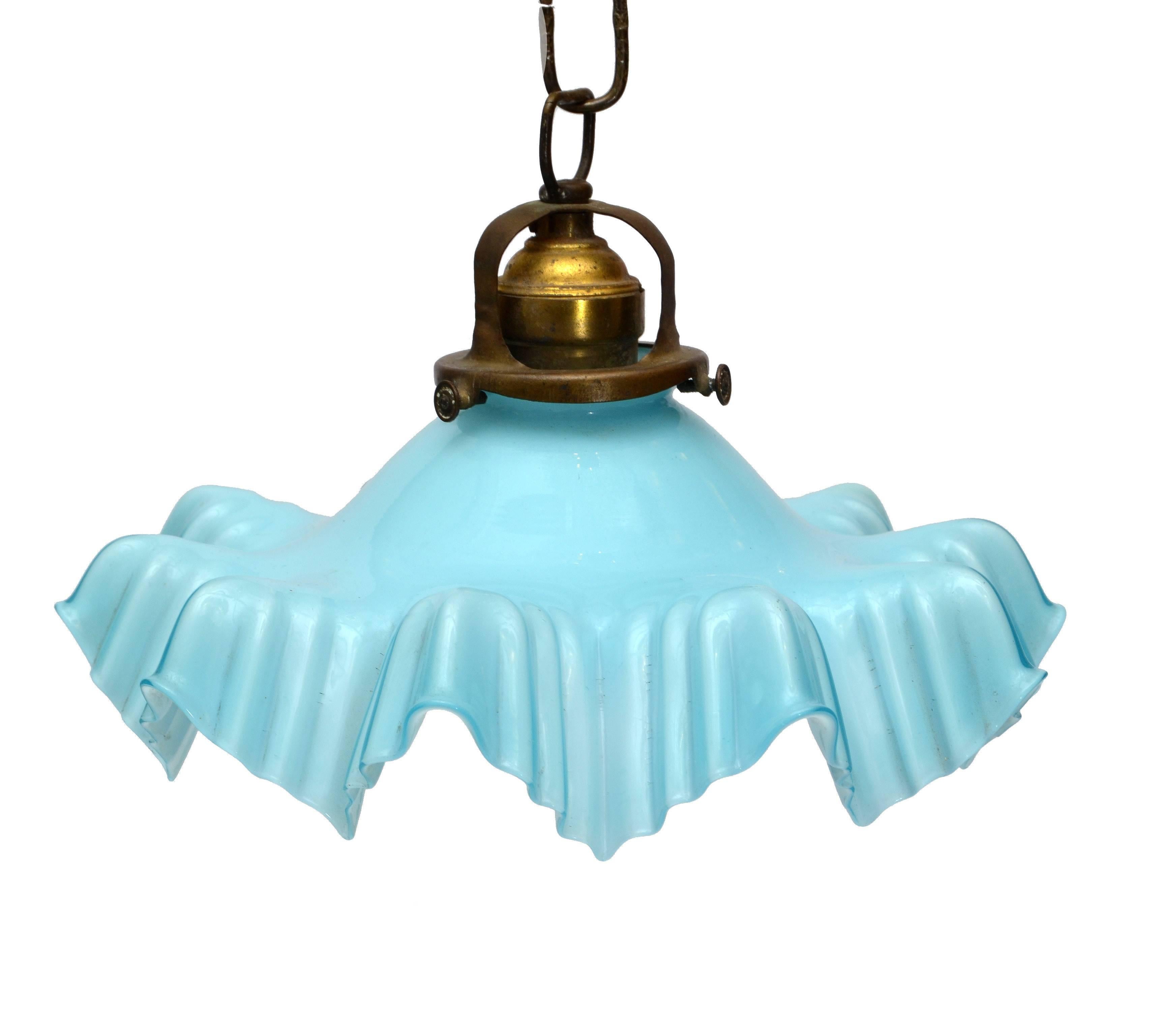 French Blue Opaline Glass Ruffled Ceiling Light with Bronze Fitting 3