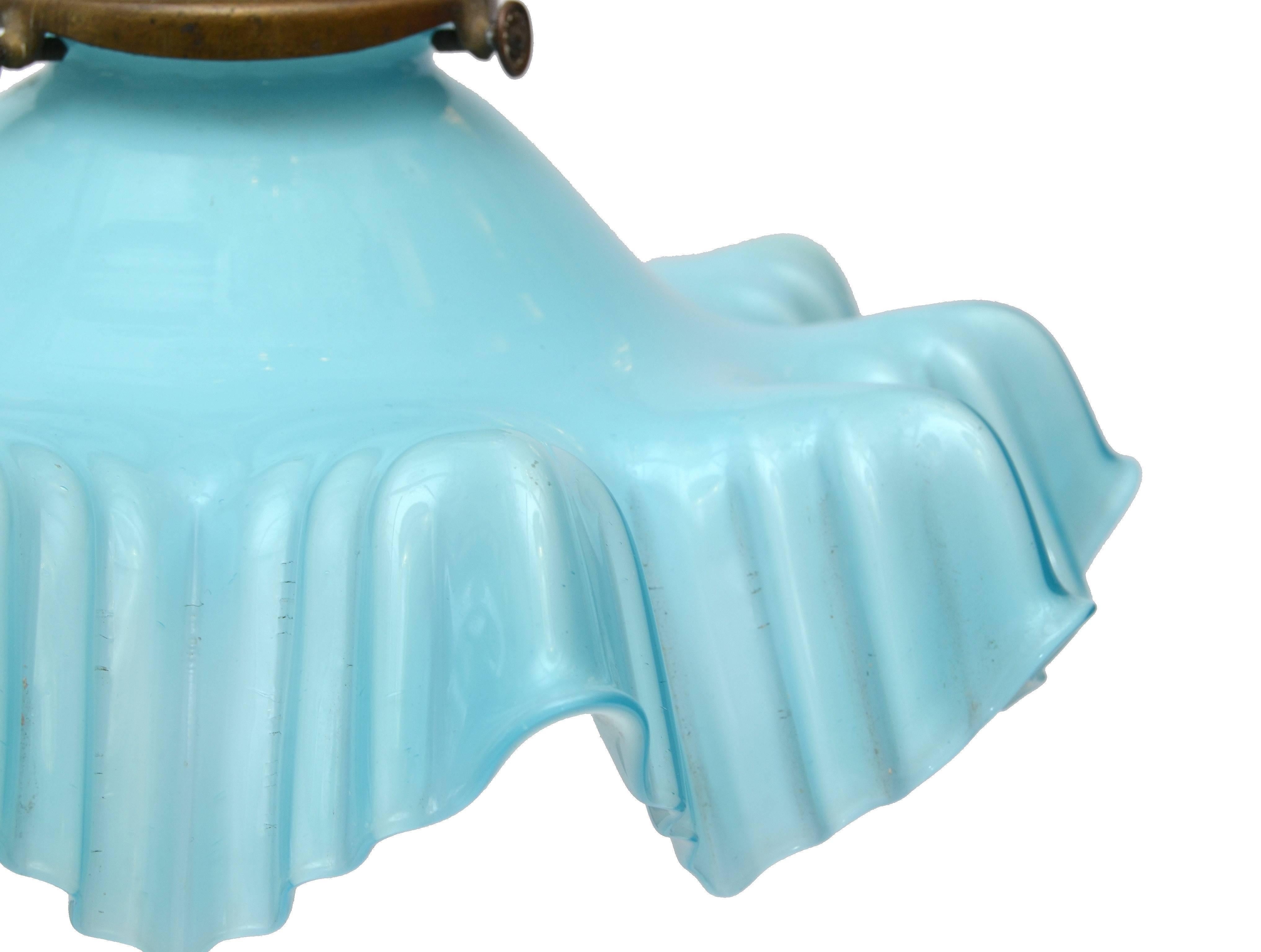 French Blue Opaline Glass Ruffled Ceiling Light with Bronze Fitting In Good Condition In Miami, FL