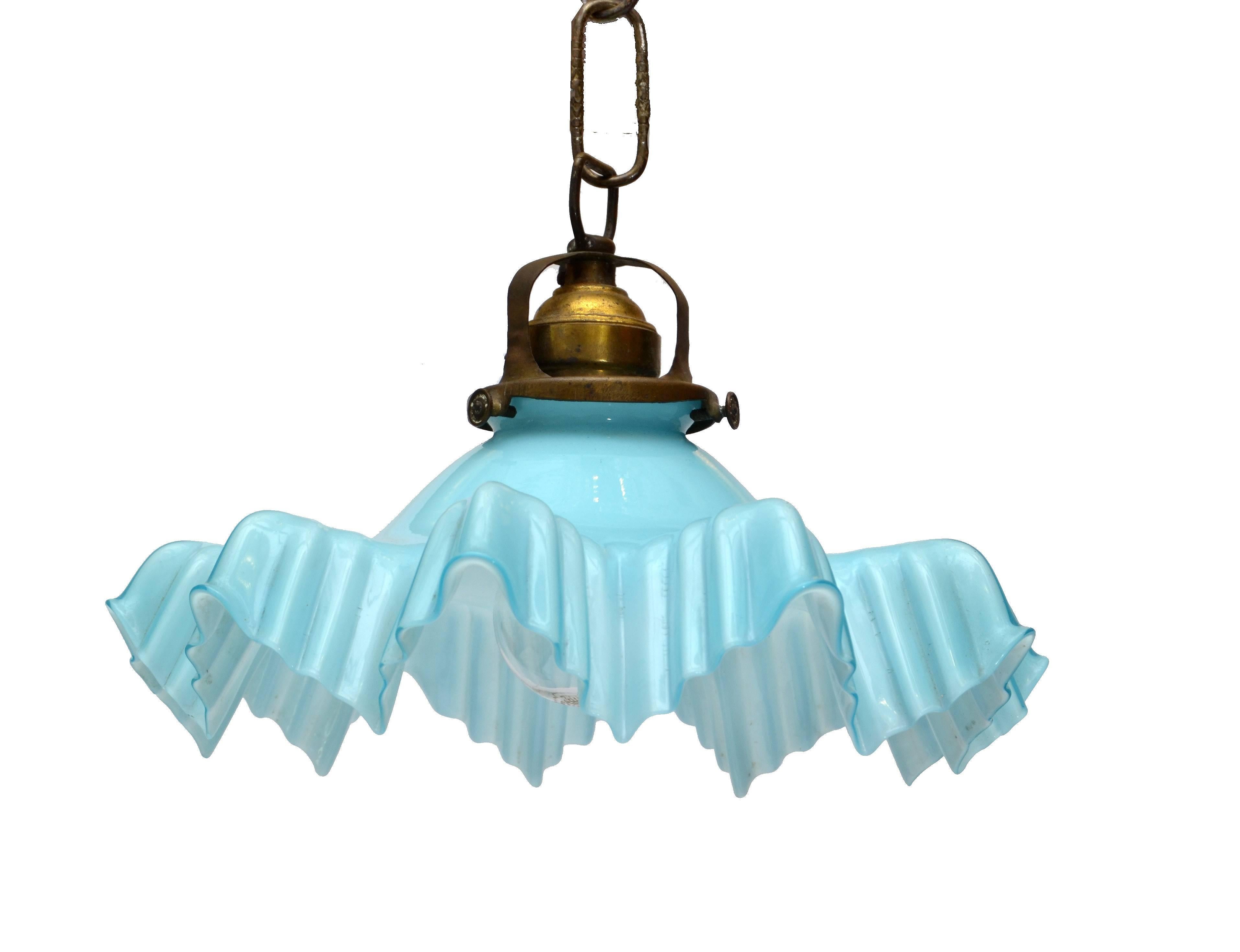 20th Century French Blue Opaline Glass Ruffled Ceiling Light with Bronze Fitting