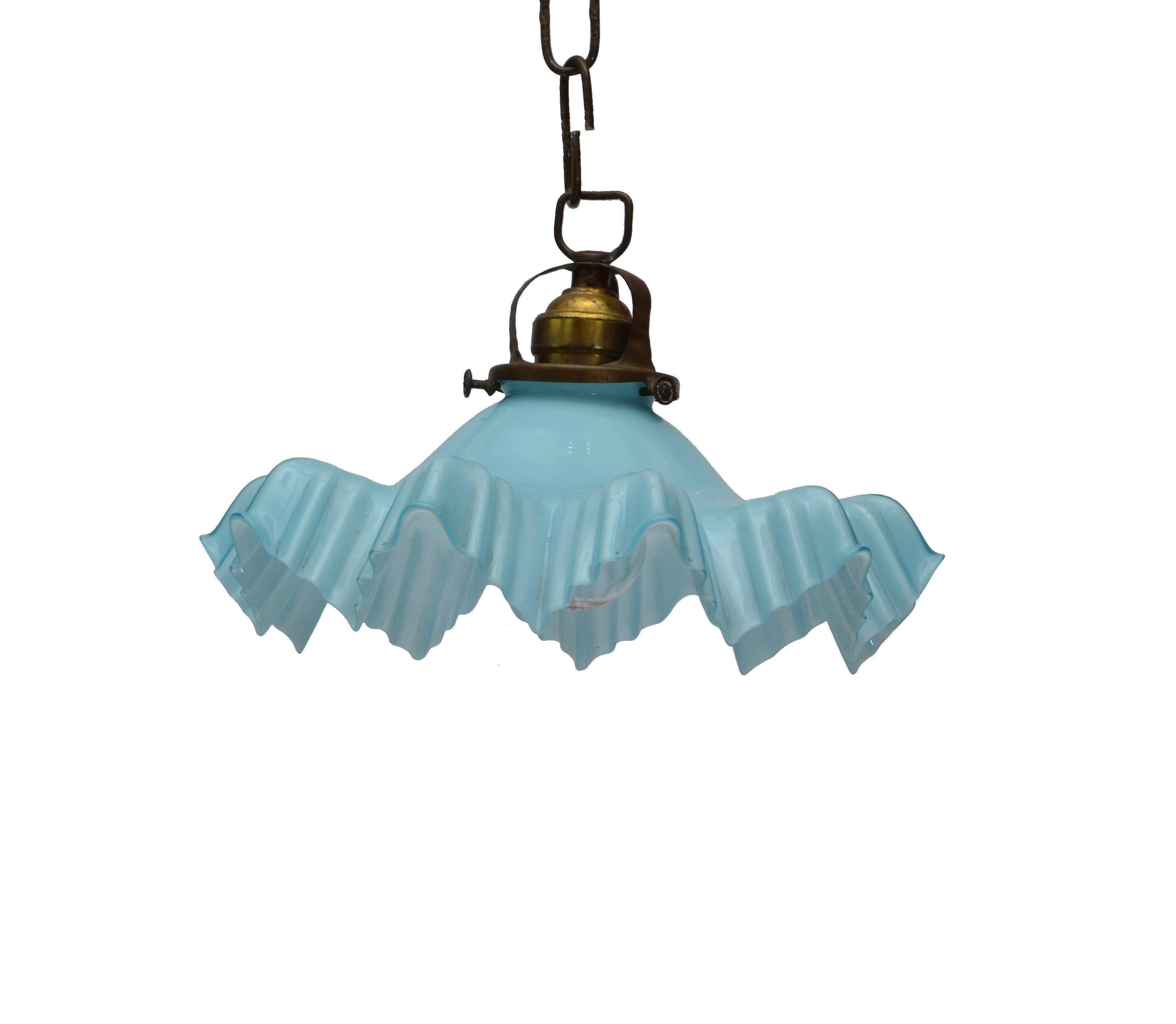 Metal French Blue Opaline Glass Ruffled Ceiling Light with Bronze Fitting
