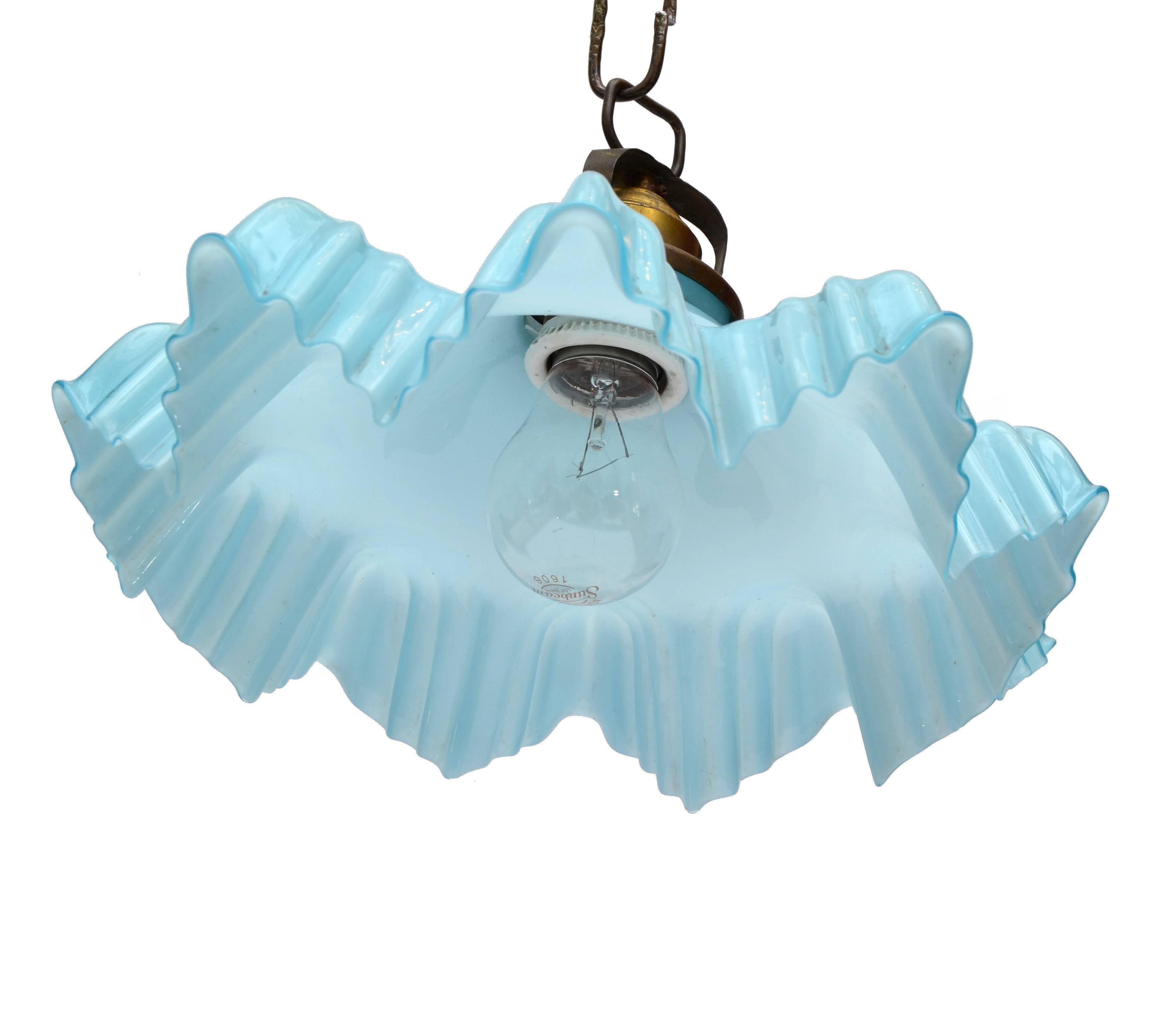 French Blue Opaline Glass Ruffled Ceiling Light with Bronze Fitting 1