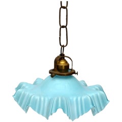 French Blue Opaline Glass Ruffled Ceiling Light with Bronze Fitting