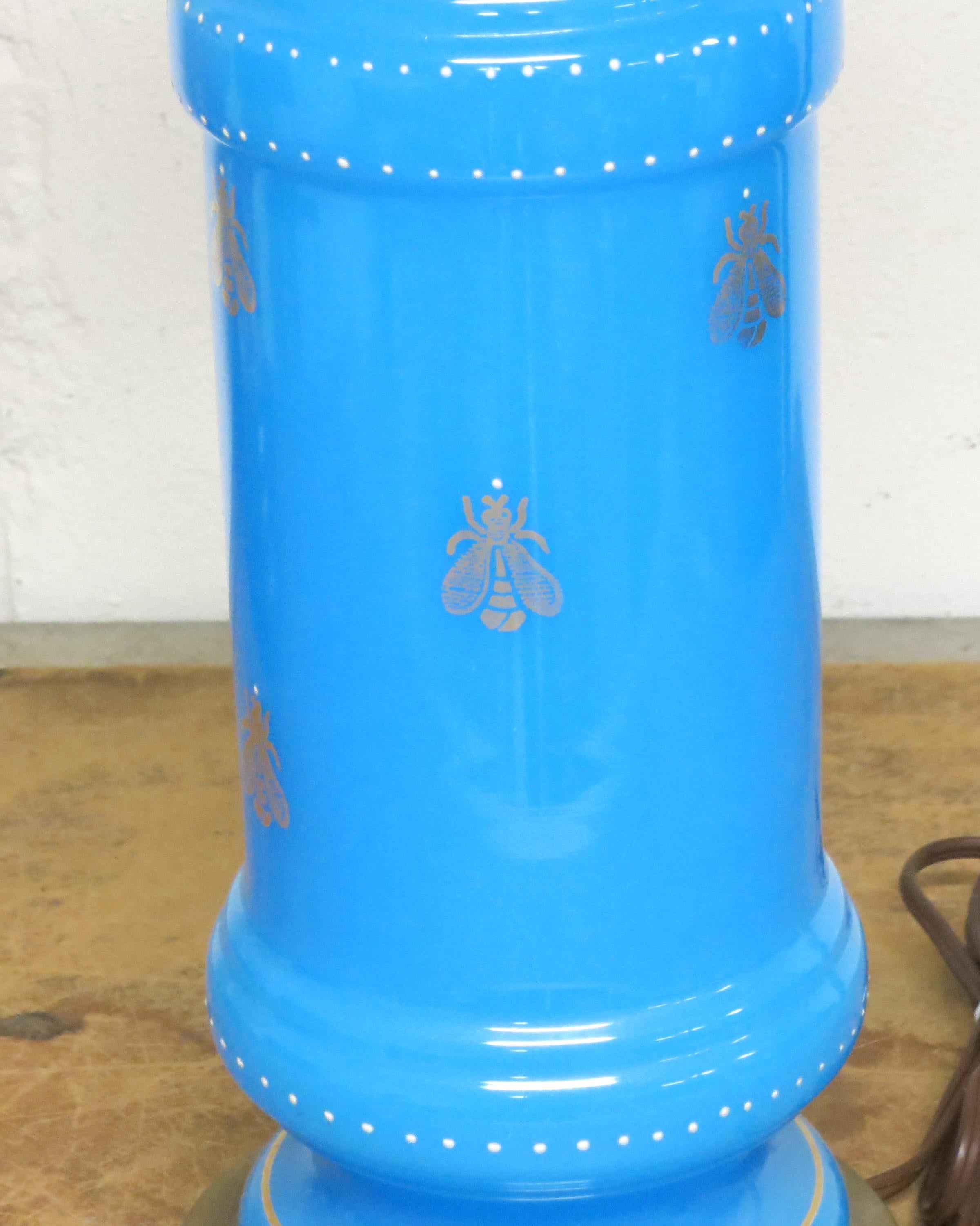 Beautiful French blue opaline lamp with gold bees. It is 16