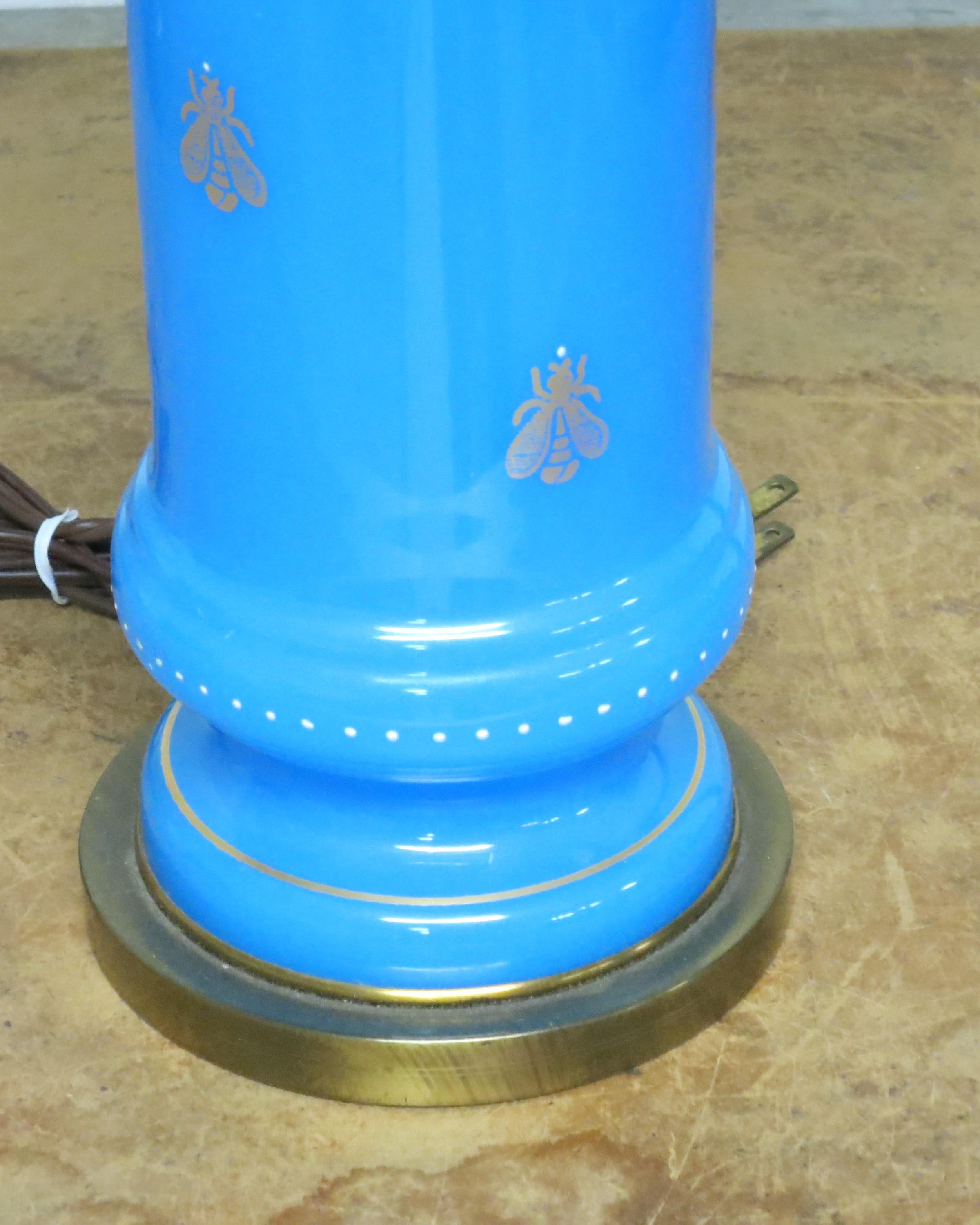 French Blue Opaline Lamp with Bee Motif In Good Condition For Sale In Newtown, CT