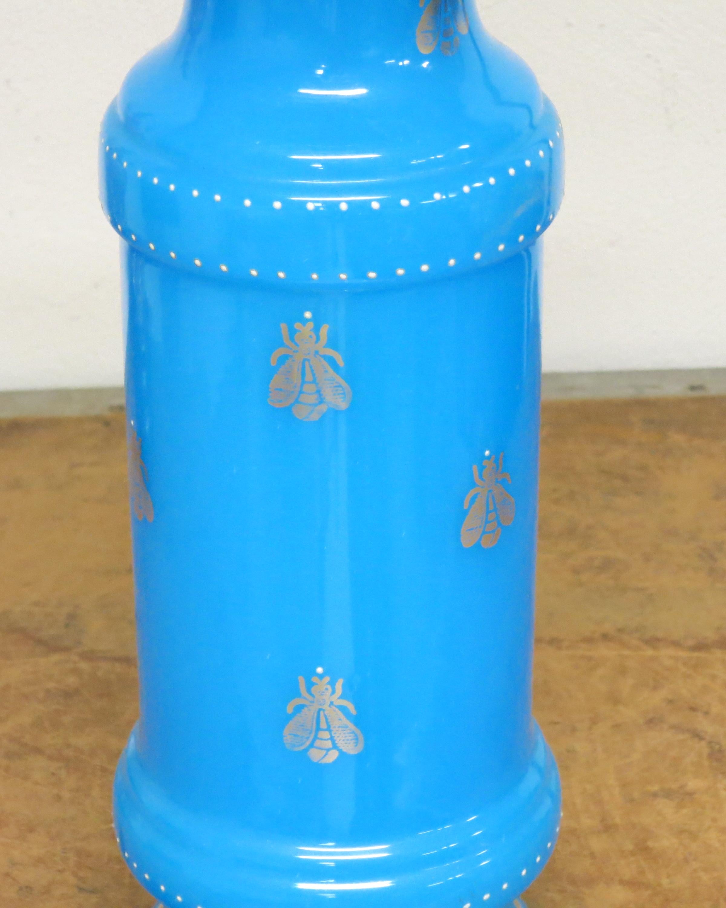 Mid-20th Century French Blue Opaline Lamp with Bee Motif For Sale