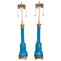 Antique French Blue Opaline Lamps