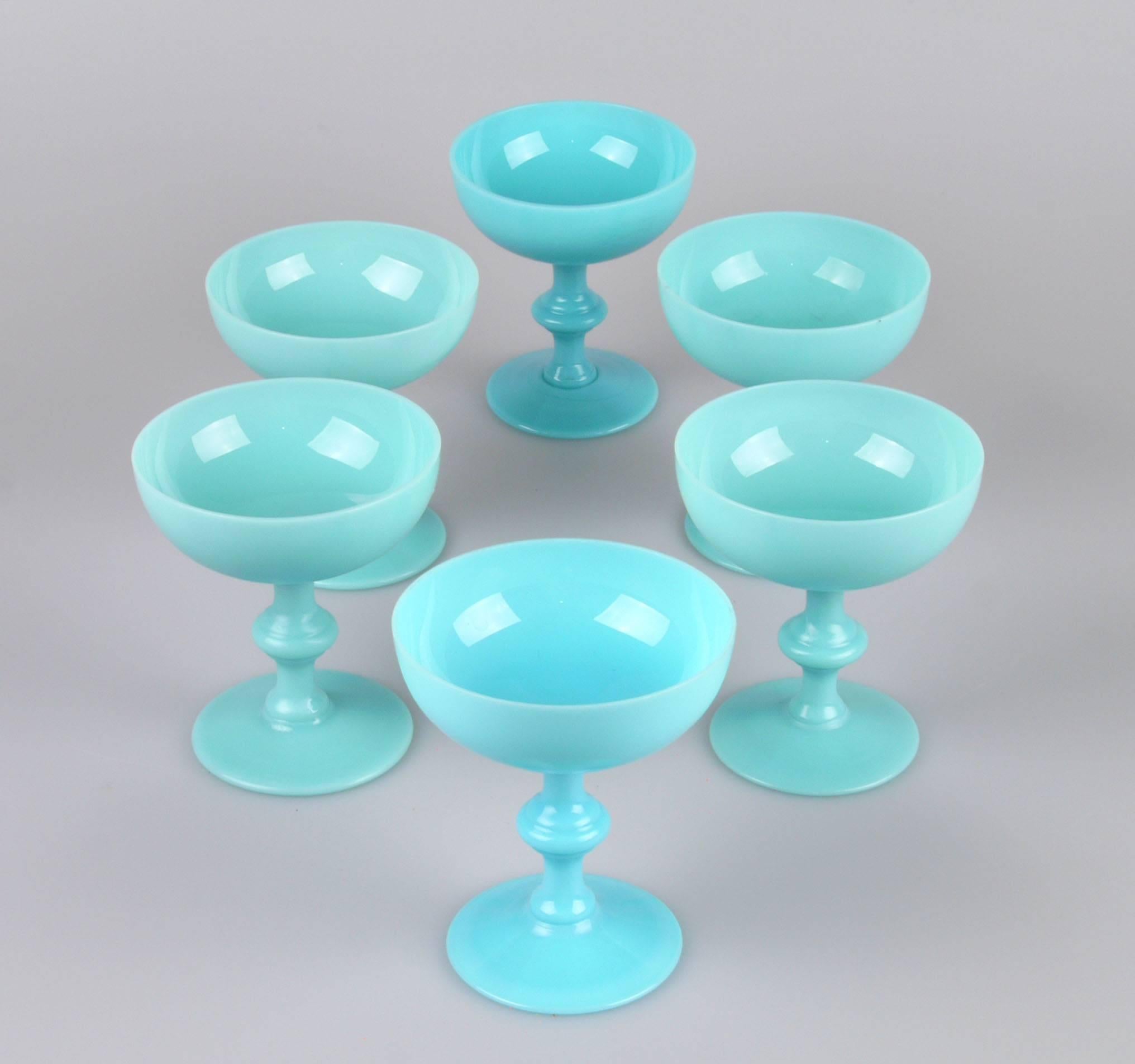 Set of six Vintage French Neoclassical blue opaline sherbet cups. Two cups have a slightly different blue tone.
Great for serving Ice Cream or Desert when hosting Family.
Graceful Gift Idea for the Holiday Season.  