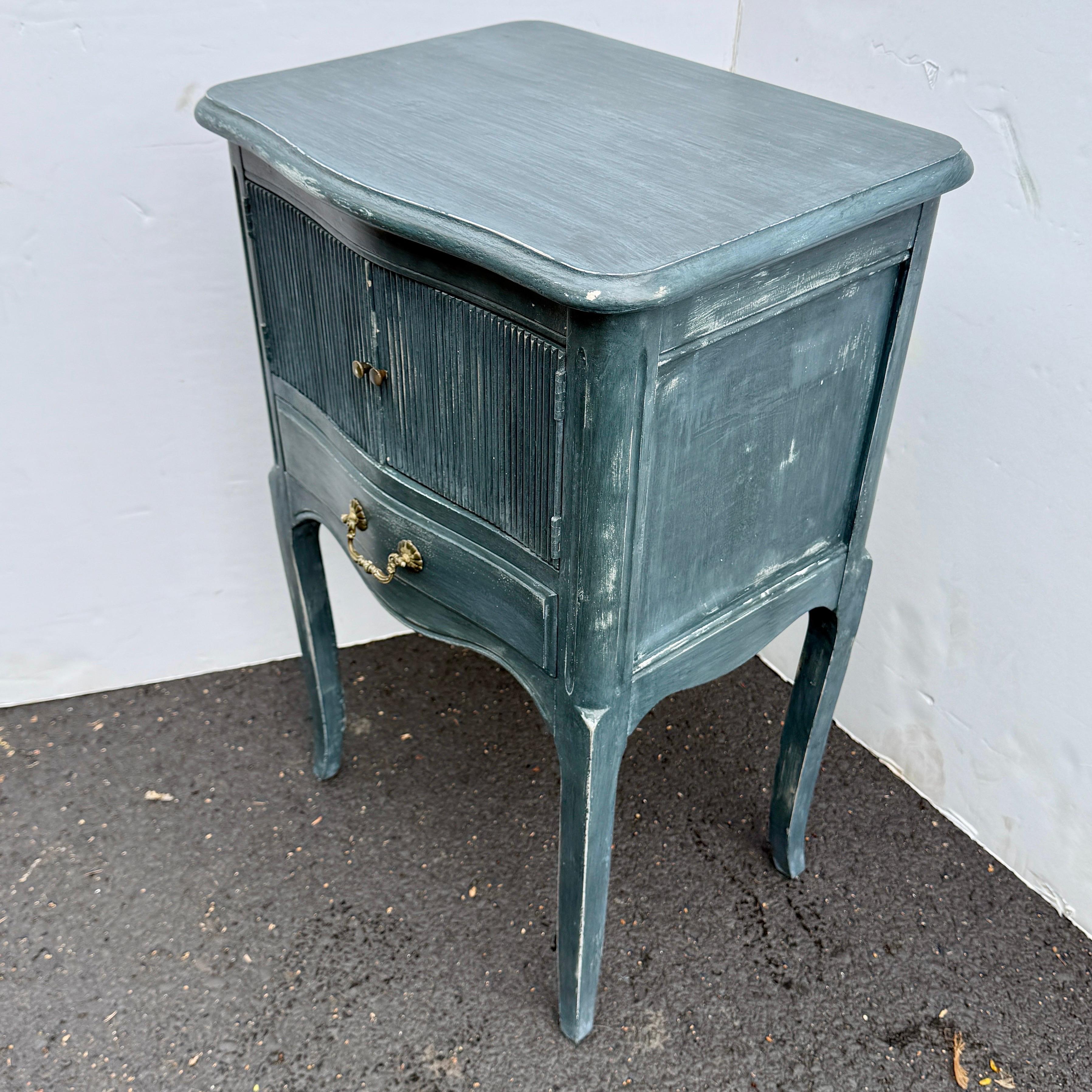 Hand-Crafted French Blue Painted Bedside Nightstand End Table For Sale