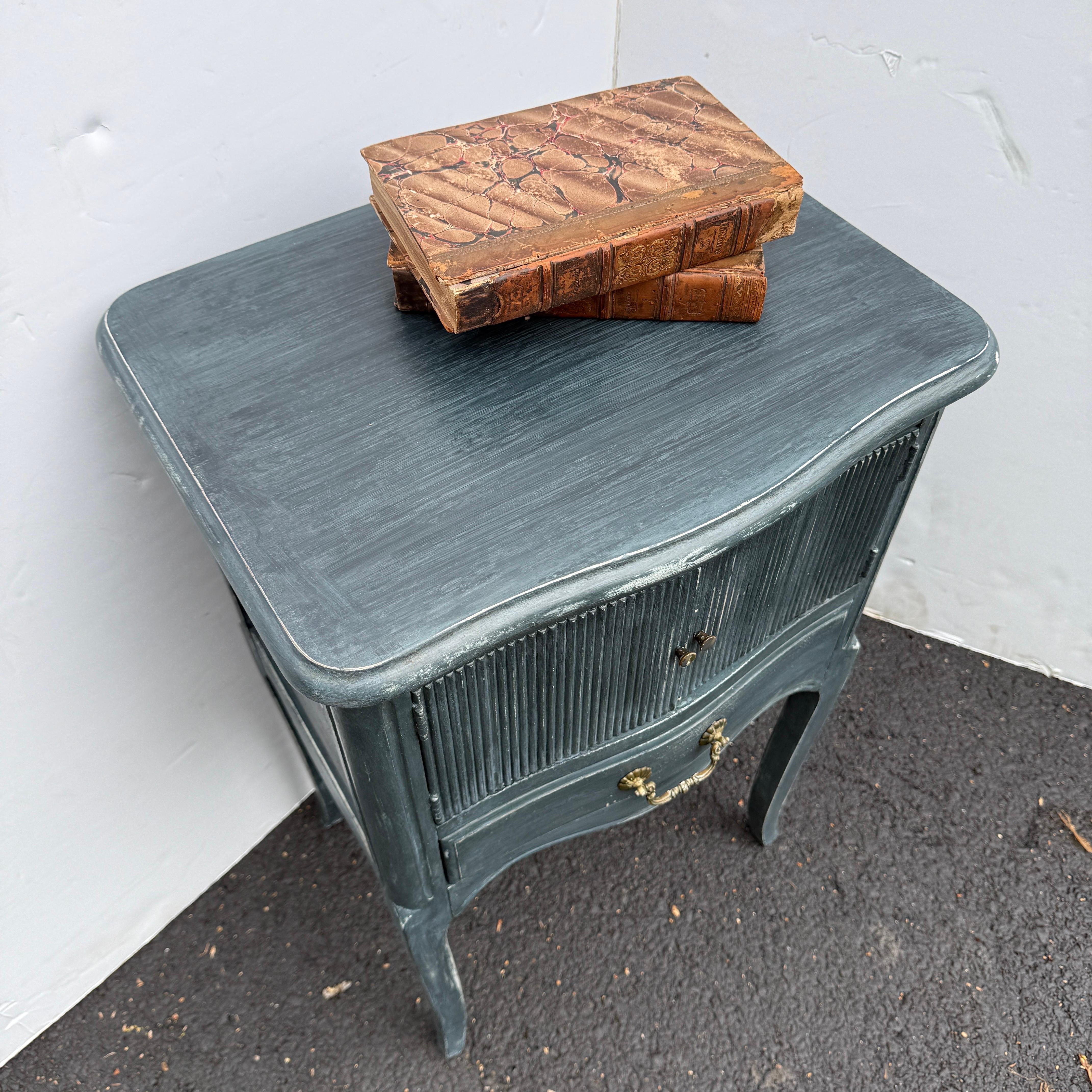 Brass French Blue Painted Bedside Nightstand End Table For Sale