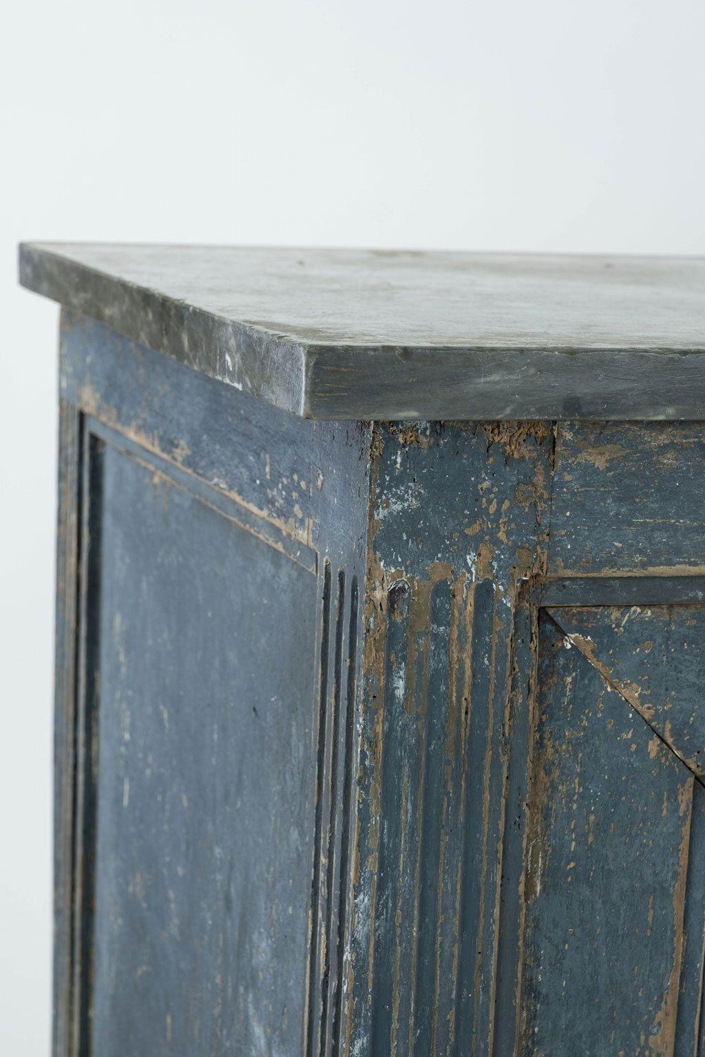 French marble-top blue-painted buffet enfilade dating to the early 19th century. Nice large-scale buffet enfilade with two large doors that open to reveal 30.5 inches high by 67.75 inches wide by 22 inches deep interior for storage (divided by one