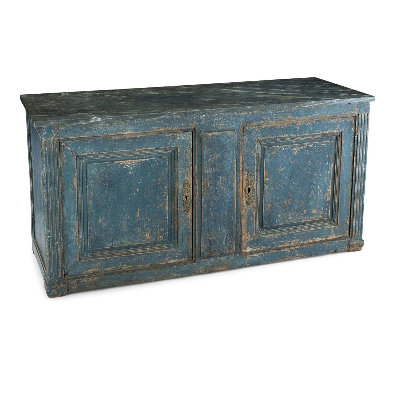 Hand-Carved French Blue-Painted Buffet Enfilade