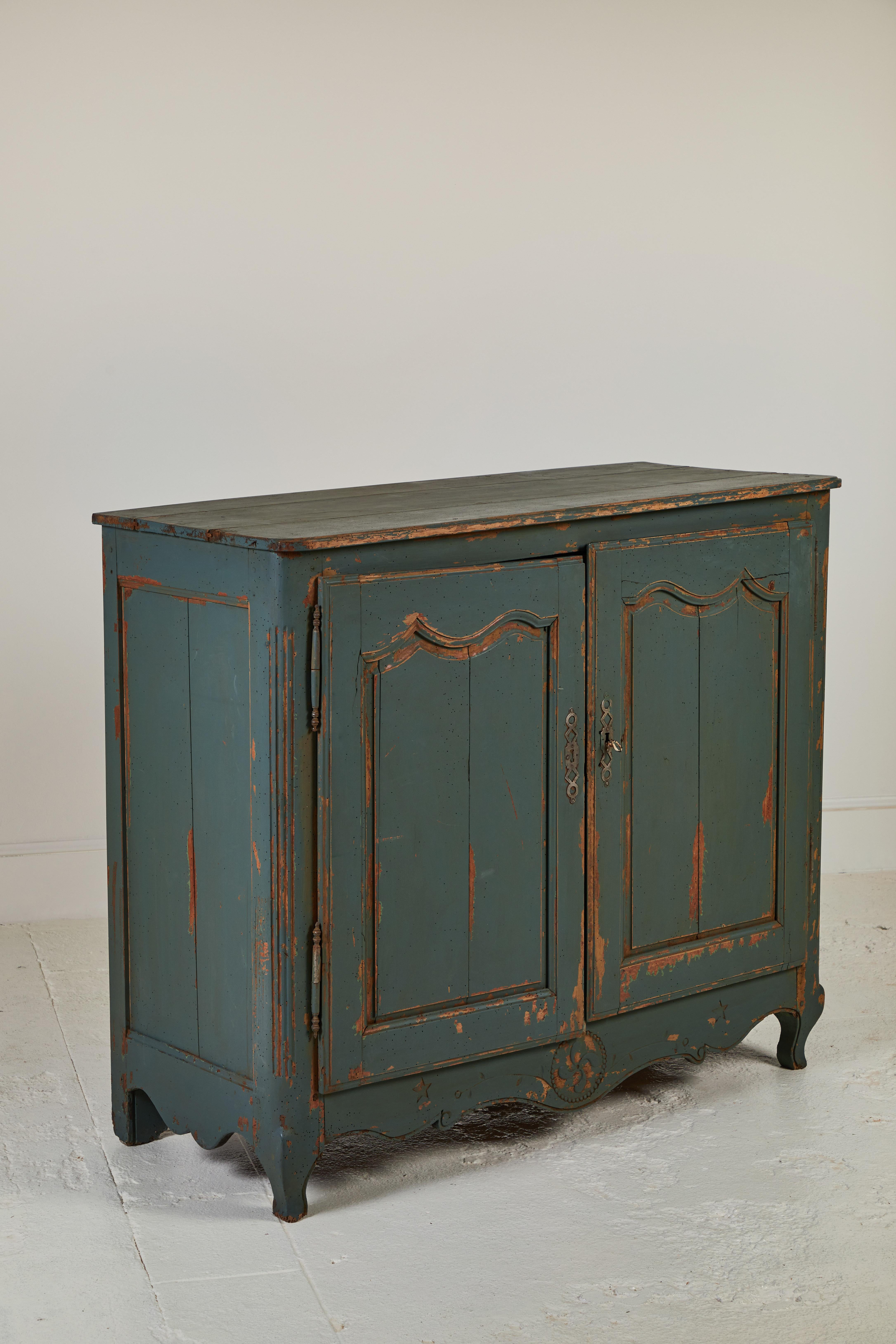 Wood French Blue Painted Two-Door Cabinet with Scrolled Detailed