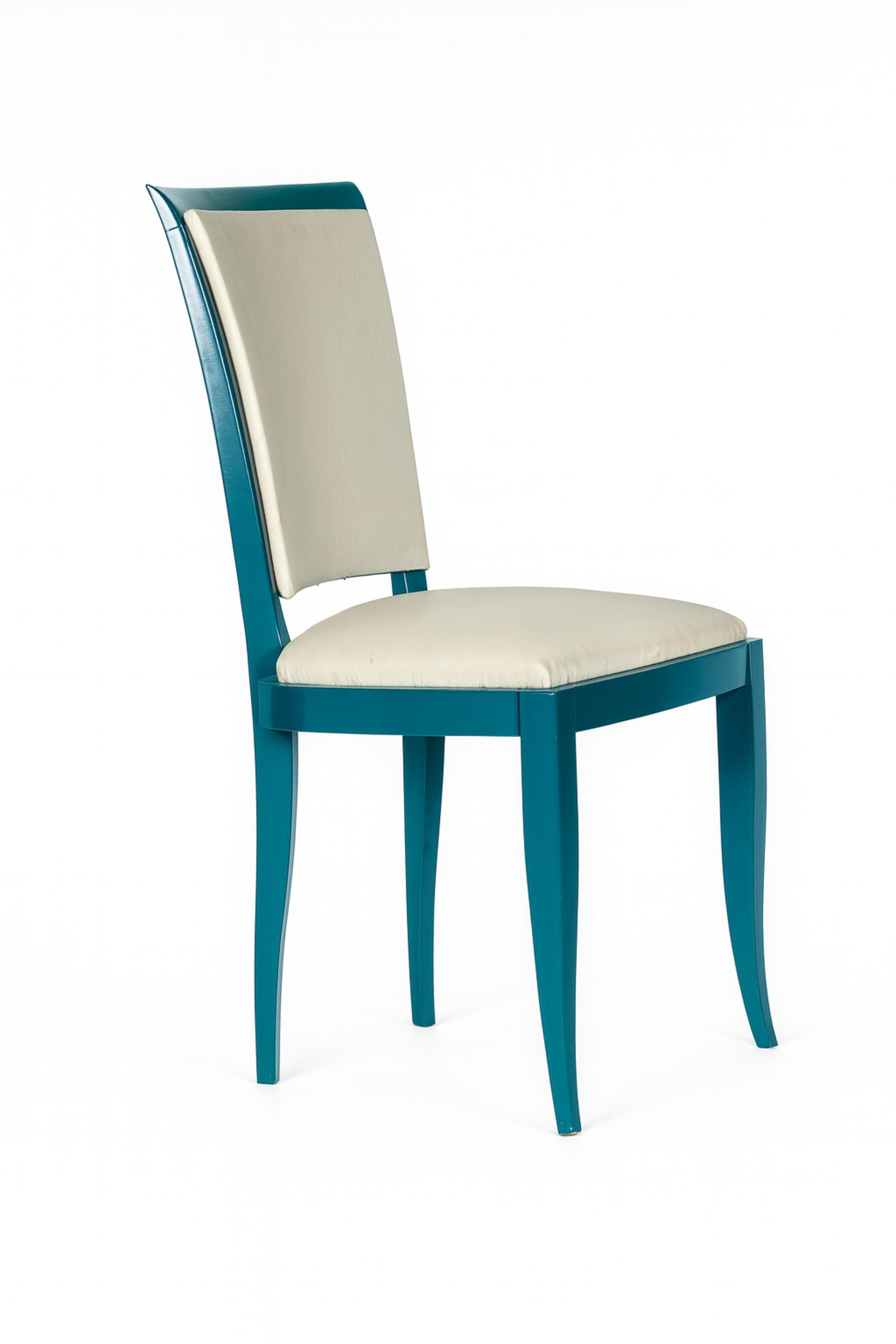 Francese Sedia da pranzo Art Deco francese con pavone blu, 20° secolo in vendita