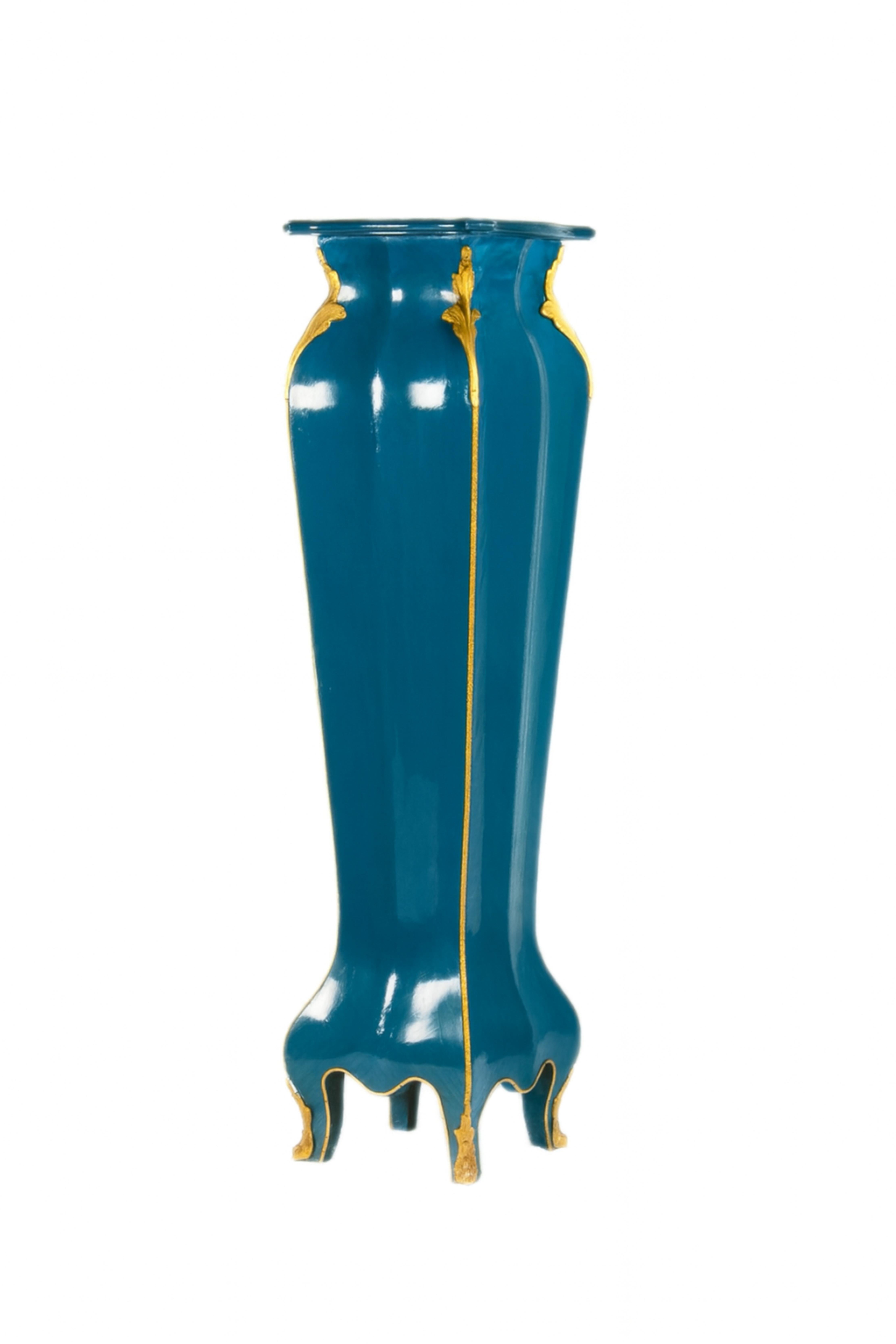 French Blue Peacock Color Louis XVI Column Pedestal, 19th Century In Good Condition For Sale In Lisbon, PT