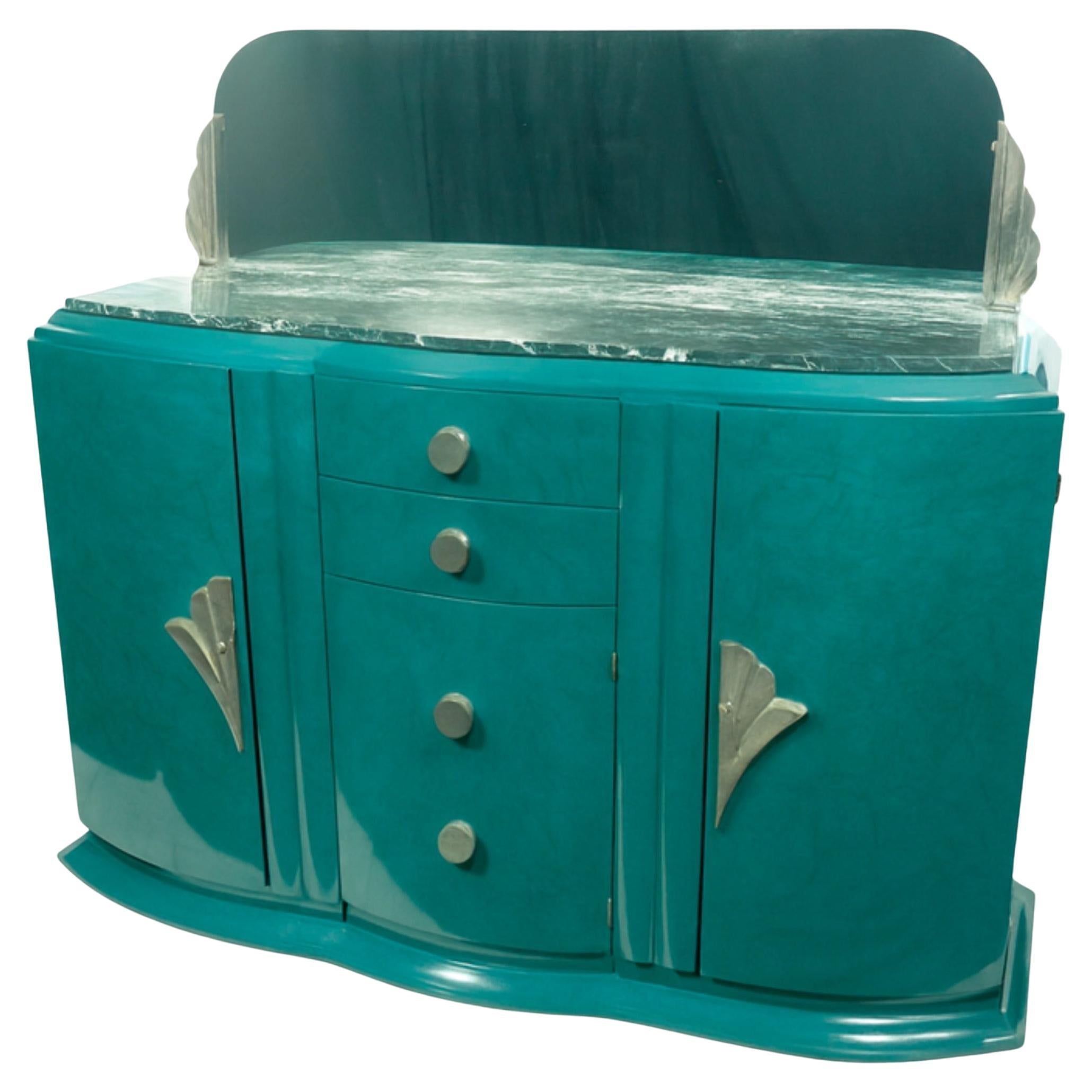 Französisch Blau Pfau Kredenz mit Spiegel Art Deco, 20. Jahrhundert