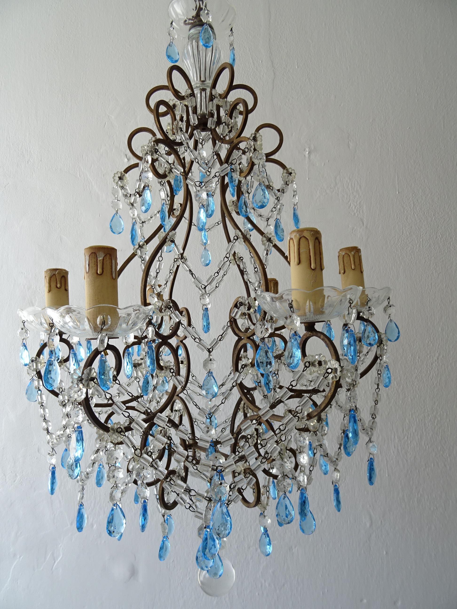 French Blue Prisms Loaded Macaroni Beads Chandelier, 1920s  For Sale 4