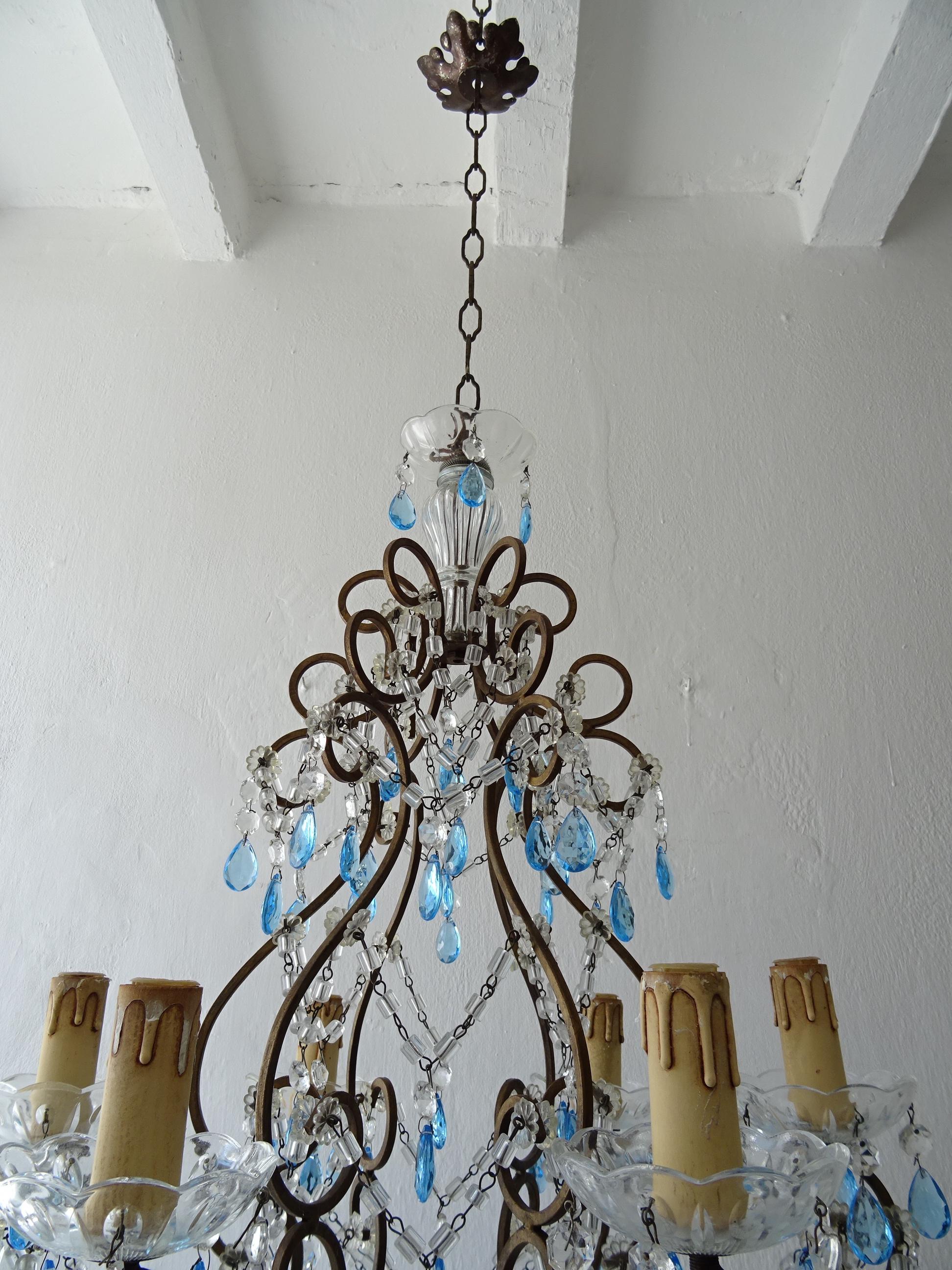 French Blue Prisms Loaded Macaroni Beads Chandelier, 1920s  For Sale 5