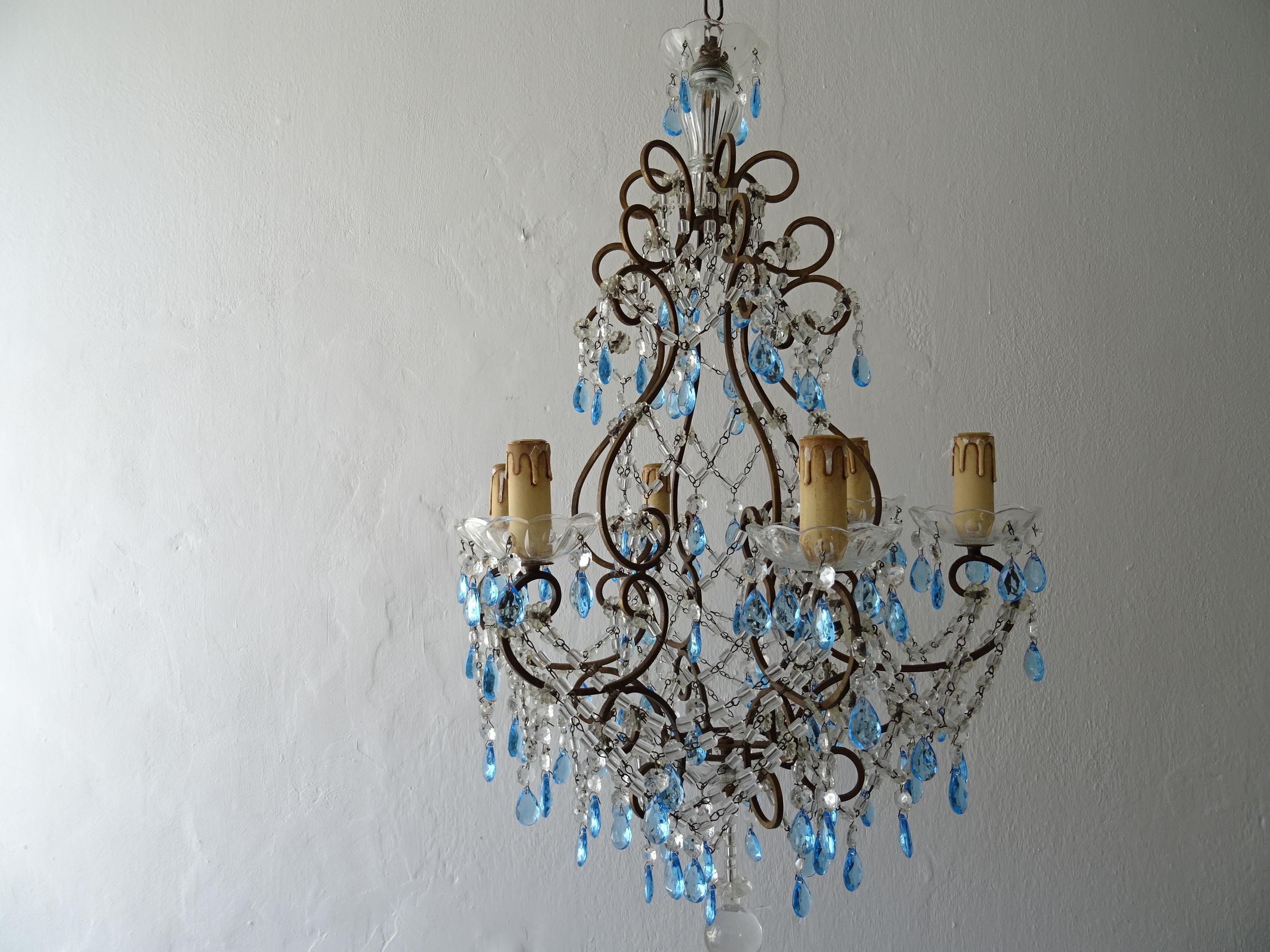 French Blue Prisms Loaded Macaroni Beads Chandelier, 1920s  For Sale 6