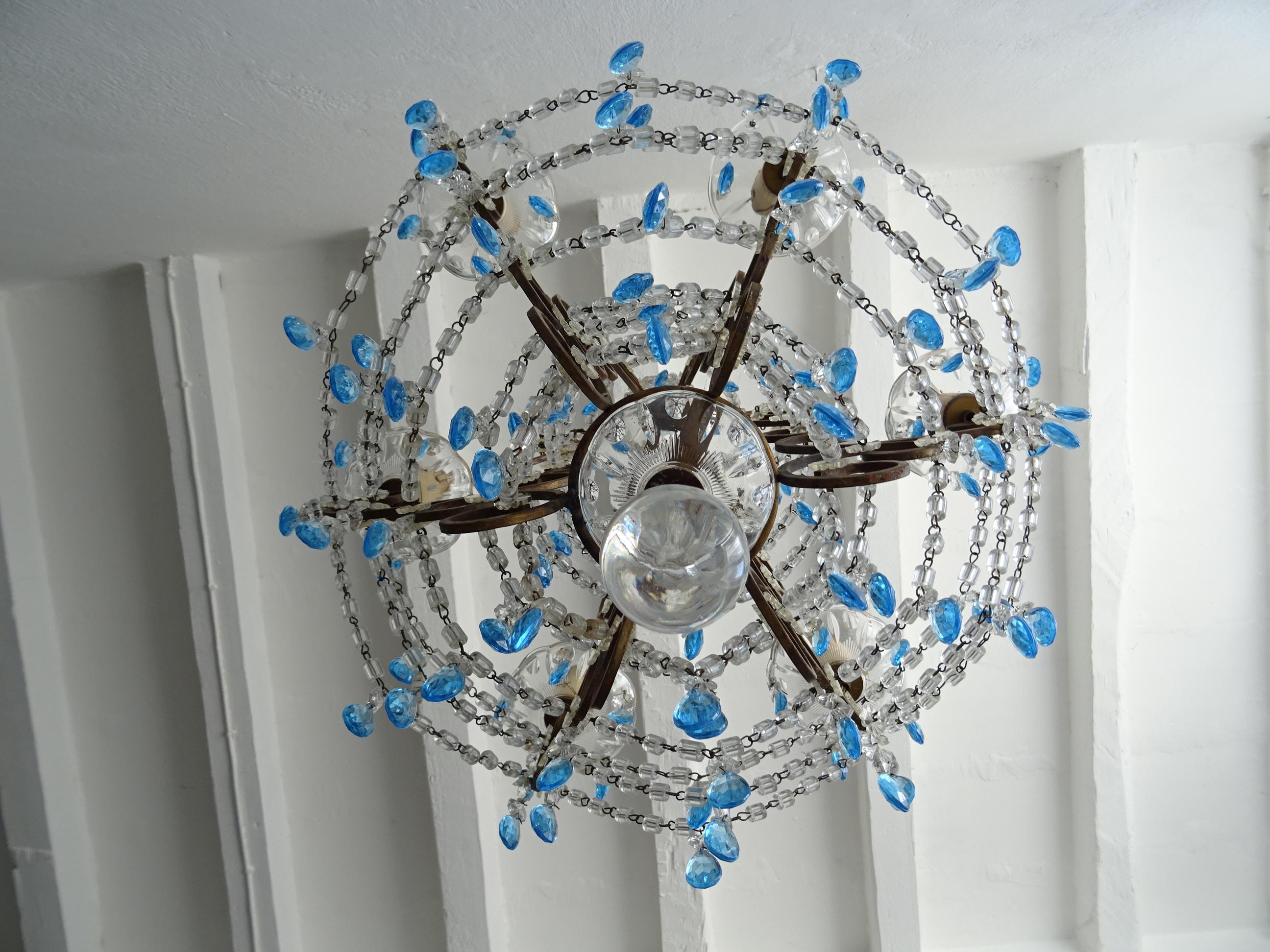 Baroque French Blue Prisms Loaded Macaroni Beads Chandelier, 1920s  For Sale