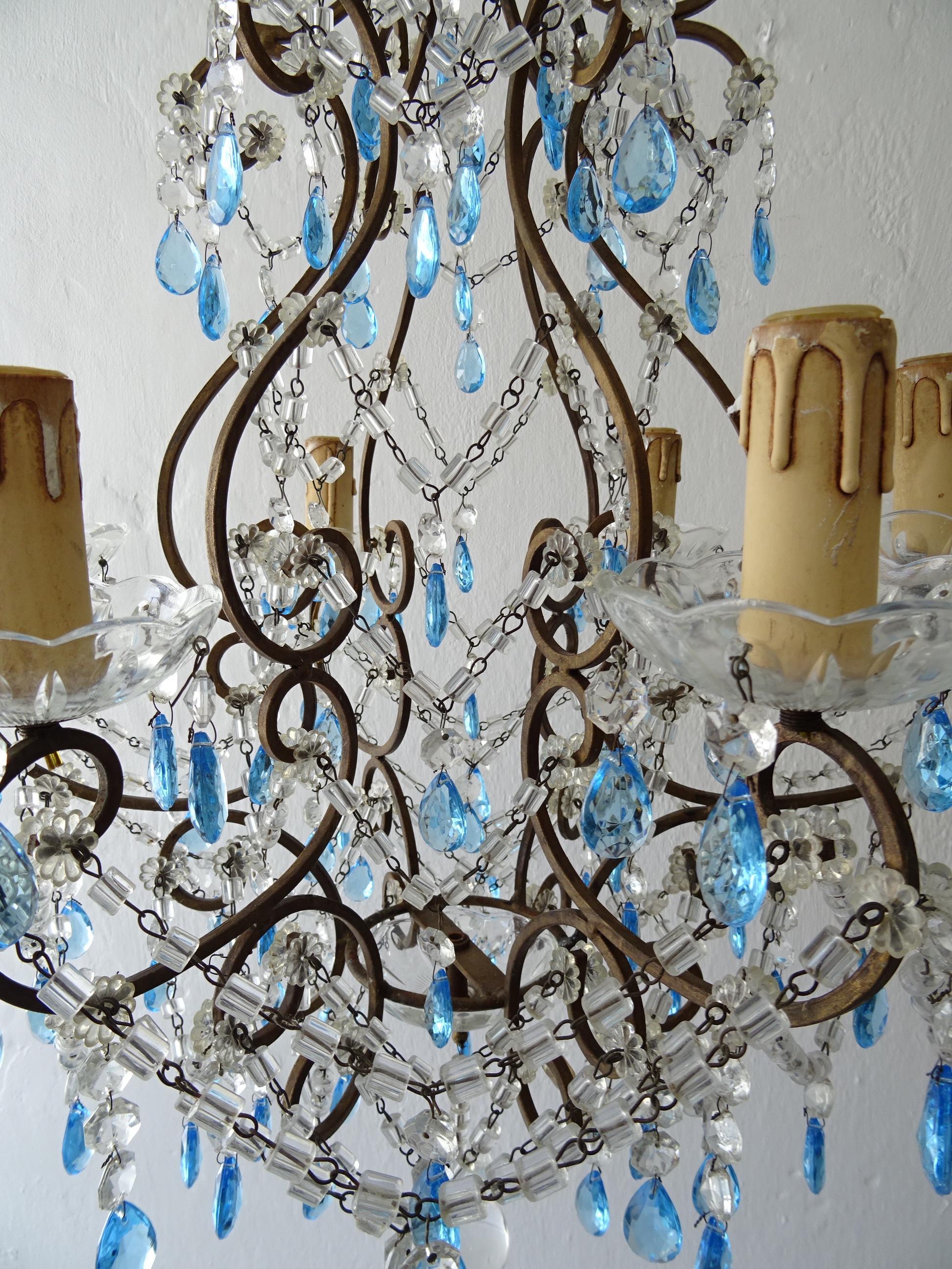 Early 20th Century French Blue Prisms Loaded Macaroni Beads Chandelier, 1920s  For Sale
