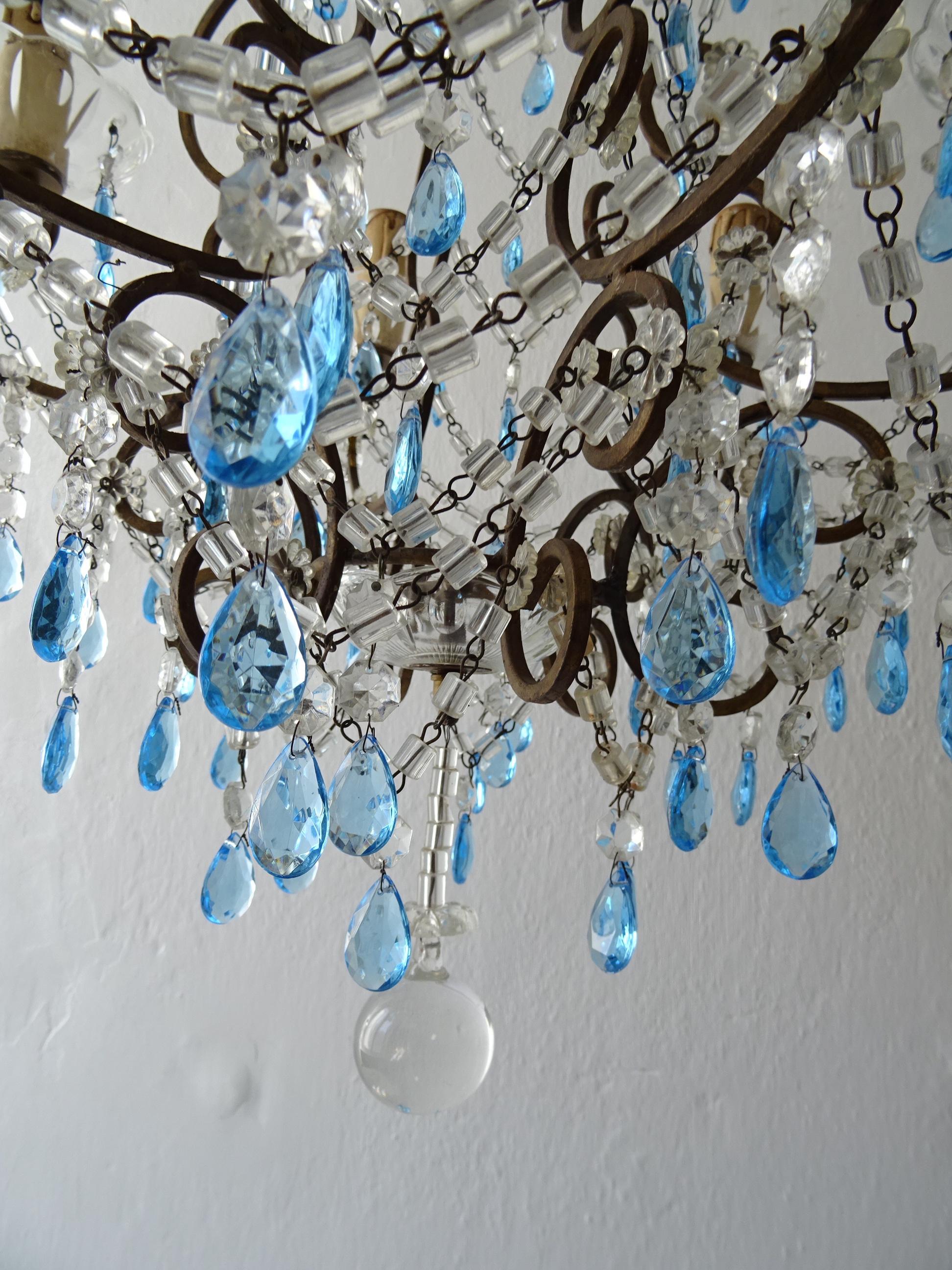 Crystal French Blue Prisms Loaded Macaroni Beads Chandelier, 1920s  For Sale