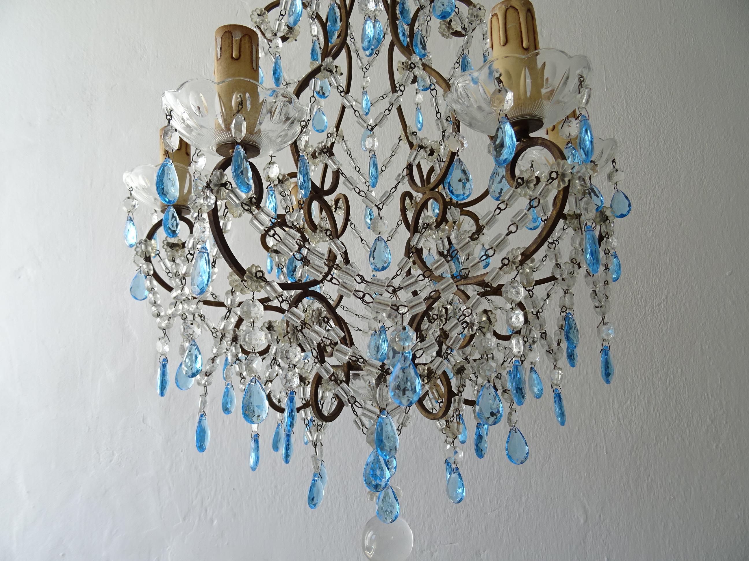 French Blue Prisms Loaded Macaroni Beads Chandelier, 1920s  For Sale 1