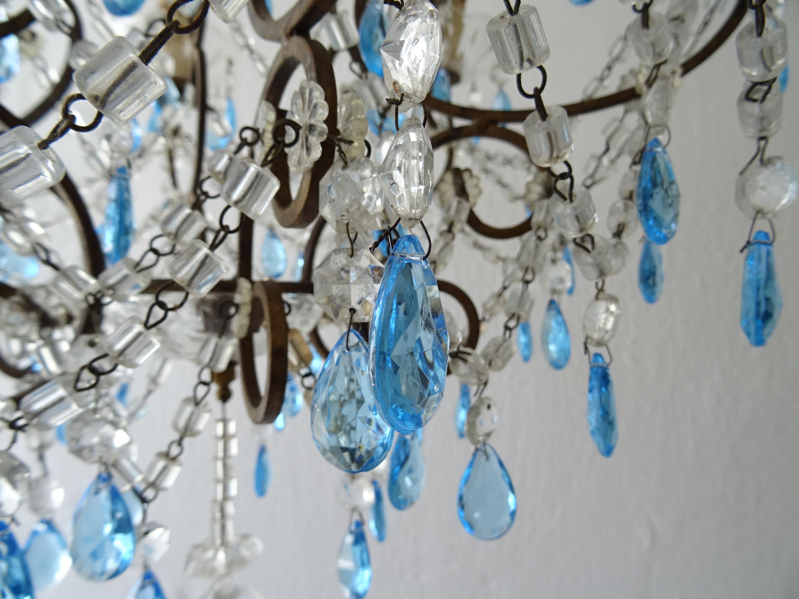 French Blue Prisms Loaded Macaroni Beads Chandelier, 1920s  For Sale 3