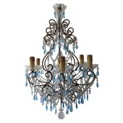 French Blue Prisms Loaded Macaroni Beads Chandelier, 1920s