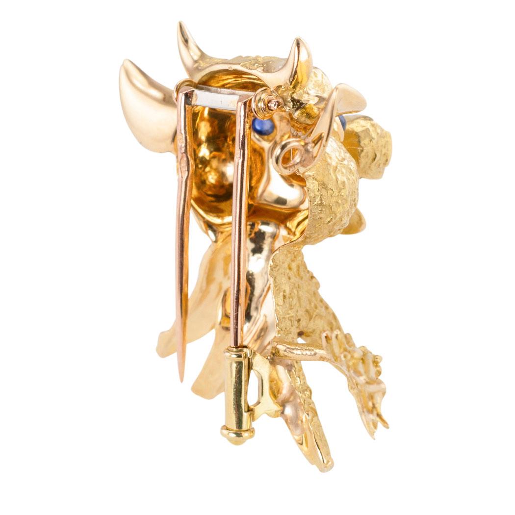 Modern French Blue Sapphire Yellow Gold Whimsical Bull Brooch Clip