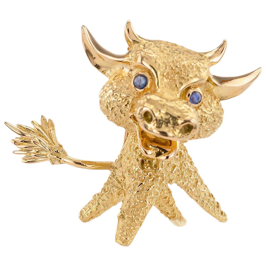French Blue Sapphire Yellow Gold Whimsical Bull Brooch Clip