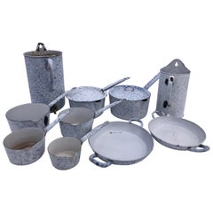 Antique French Blue Speckle Colored Set of Kitchen Enamelware 12 Pieces