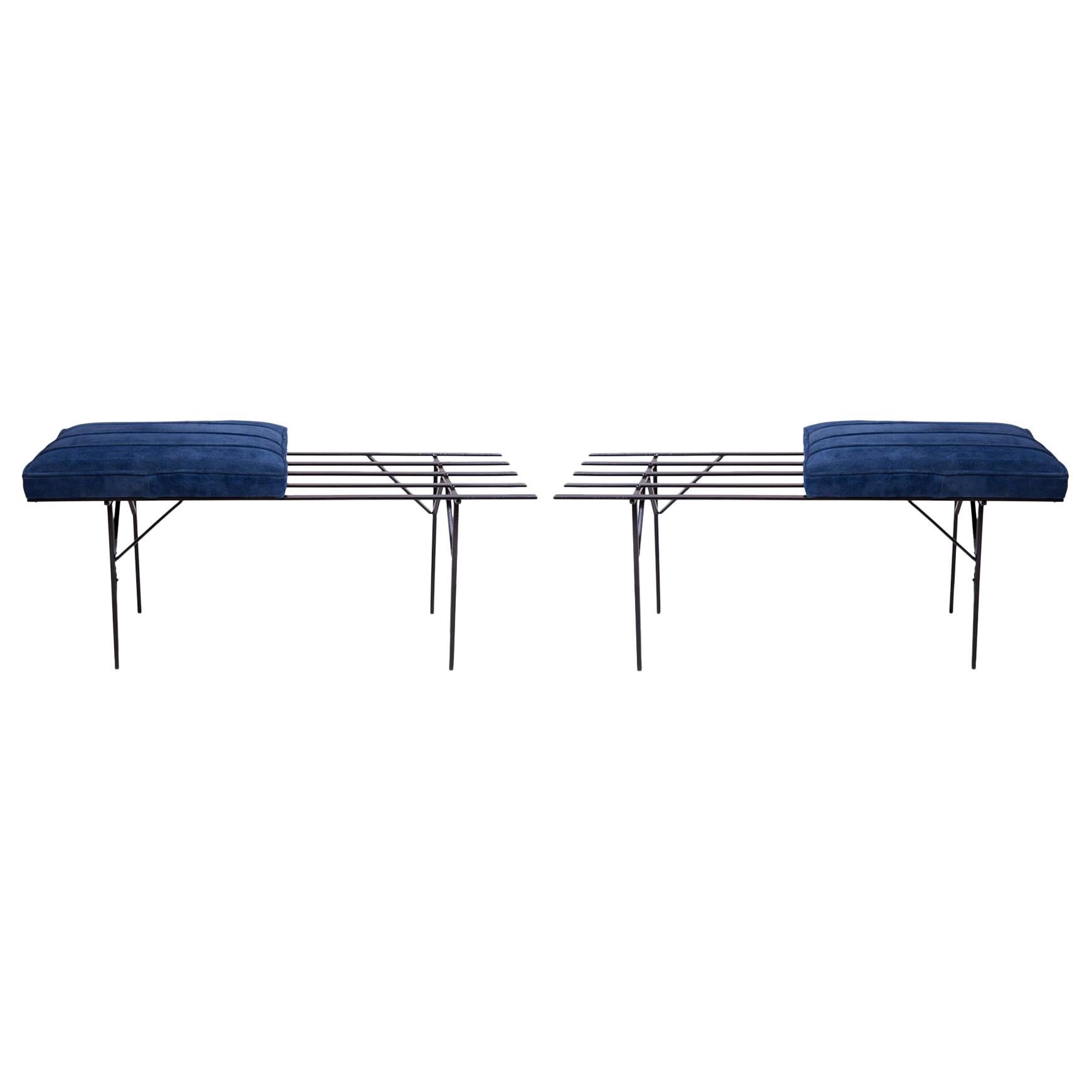 Iron Slat Bench from France in Blue Suede, 1950's